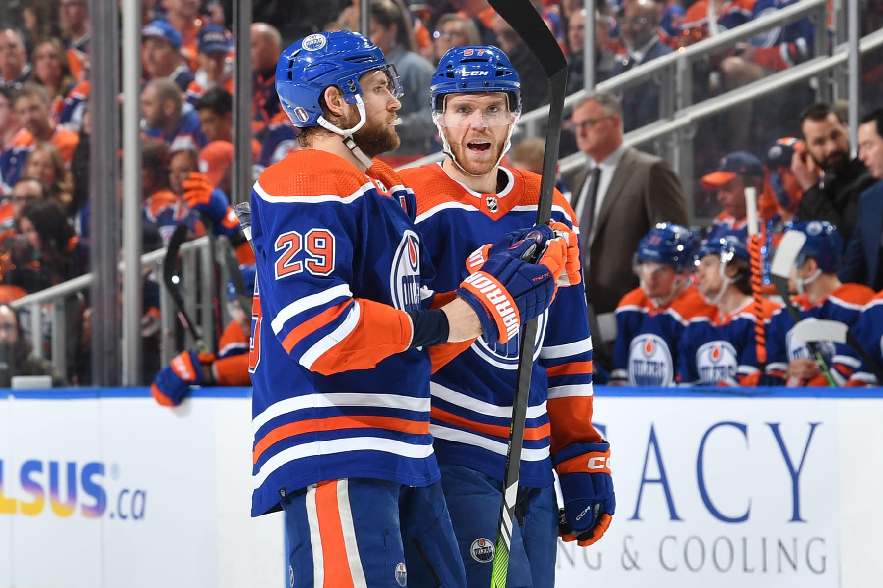 EDMONTON, CANADA - APRIL 25: Leon Draisaitl #29 and Connor McDavid #97 of the Edmonton Oilers discuss the play in Game Five of the First Round of the 2023 Stanley Cup Playoffs against the Los Angeles Kings at Rogers Place on April 25, 2023, in Edmonton, Alberta, Canada. (Photo by Andy Devlin/NHLI via Getty Images)