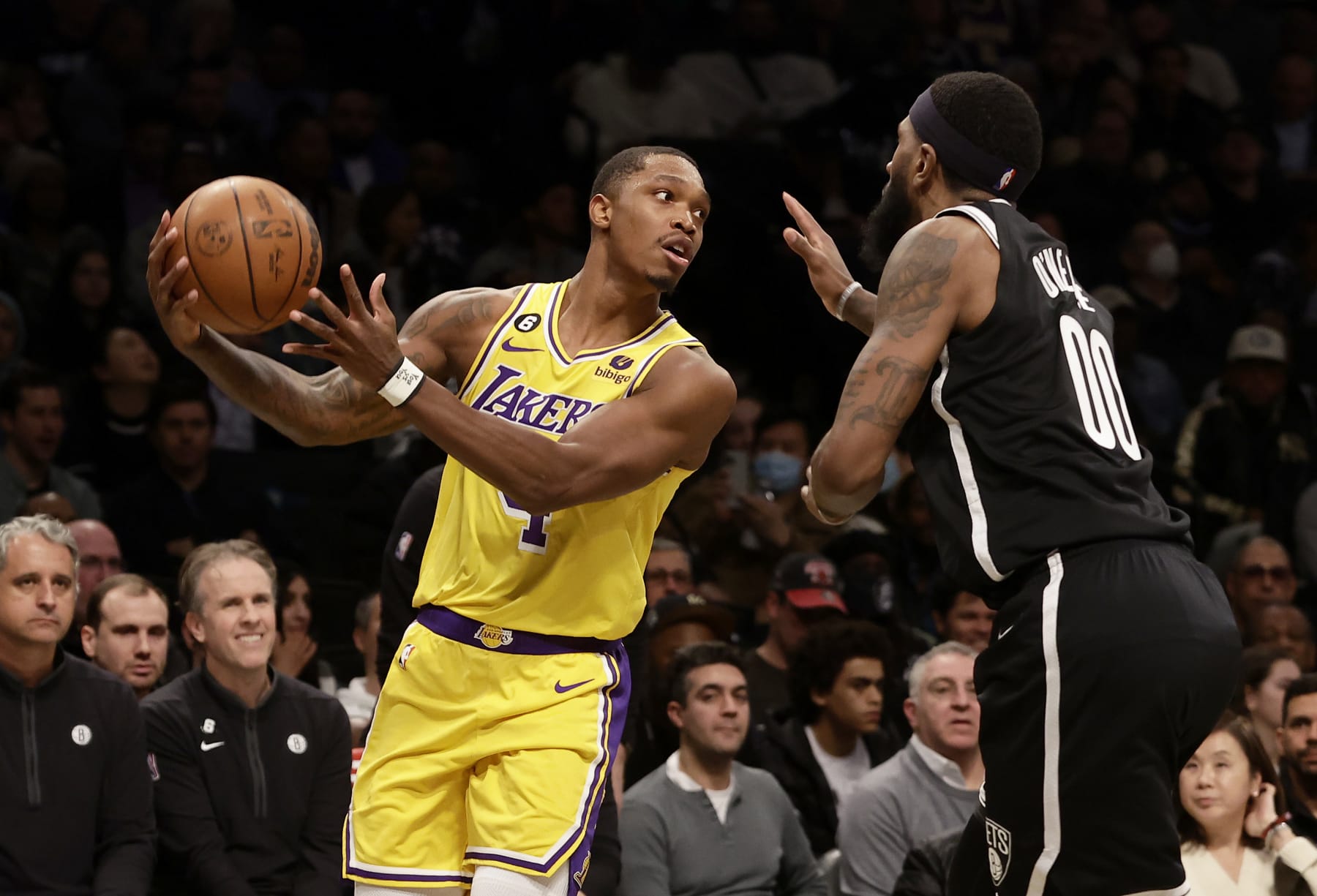 NEW YORK, NEW YORK - JANUARY 30: (NEW YORK DAILIES OUT)  Lonnie Walker IV #4 of the Los Angeles Lakers in action against the Brooklyn Nets at Barclays Center on January 30, 2023 in New York City. The Nets defeated the Lakers 121-104. NOTE TO USER: User expressly acknowledges and agrees that, by downloading and or using this photograph, User is consenting to the terms and conditions of the Getty Images License Agreement. (Photo by Jim McIsaac/Getty Images)