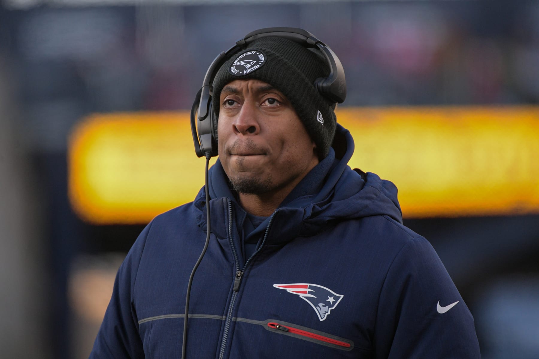 FOXBOROUGH, MA - DECEMBER 24: New England Patriots defensive line coach Demarcus Covington looks on during a game between the New England Patriots and the Cincinnati Bengals on December 24, 2022, at Gillette Stadium in Foxborough, Massachusetts. (Photo by Erica Denhoff/Icon Sportswire via Getty Images)