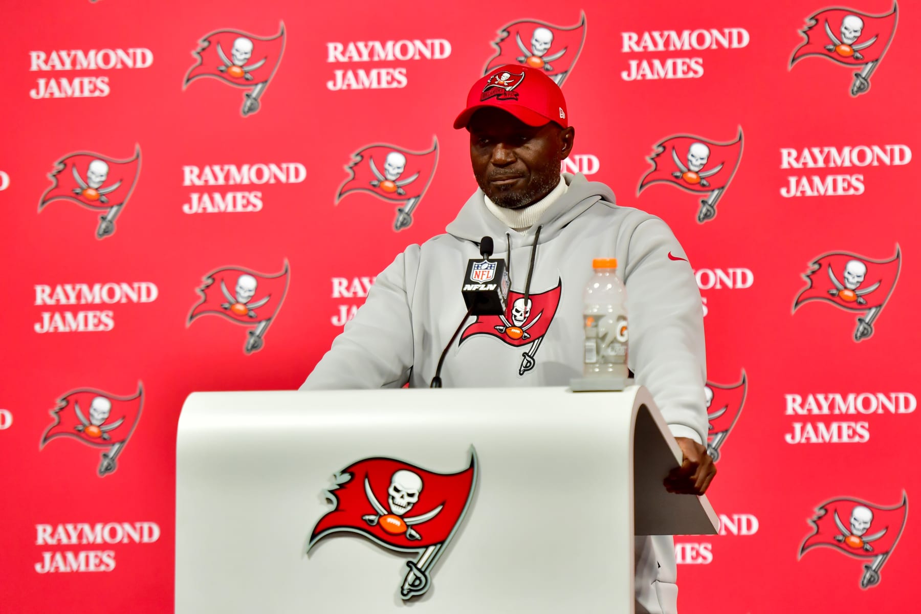 TAMPA, FLORIDA - JANUARY 16: Head coach Todd Bowles of the Tampa Bay Buccaneers speaks to the media after losing to the Dallas Cowboys 31-14 in the NFC Wild Card playoff game at Raymond James Stadium on January 16, 2023 in Tampa, Florida. (Photo by Julio Aguilar/Getty Images)