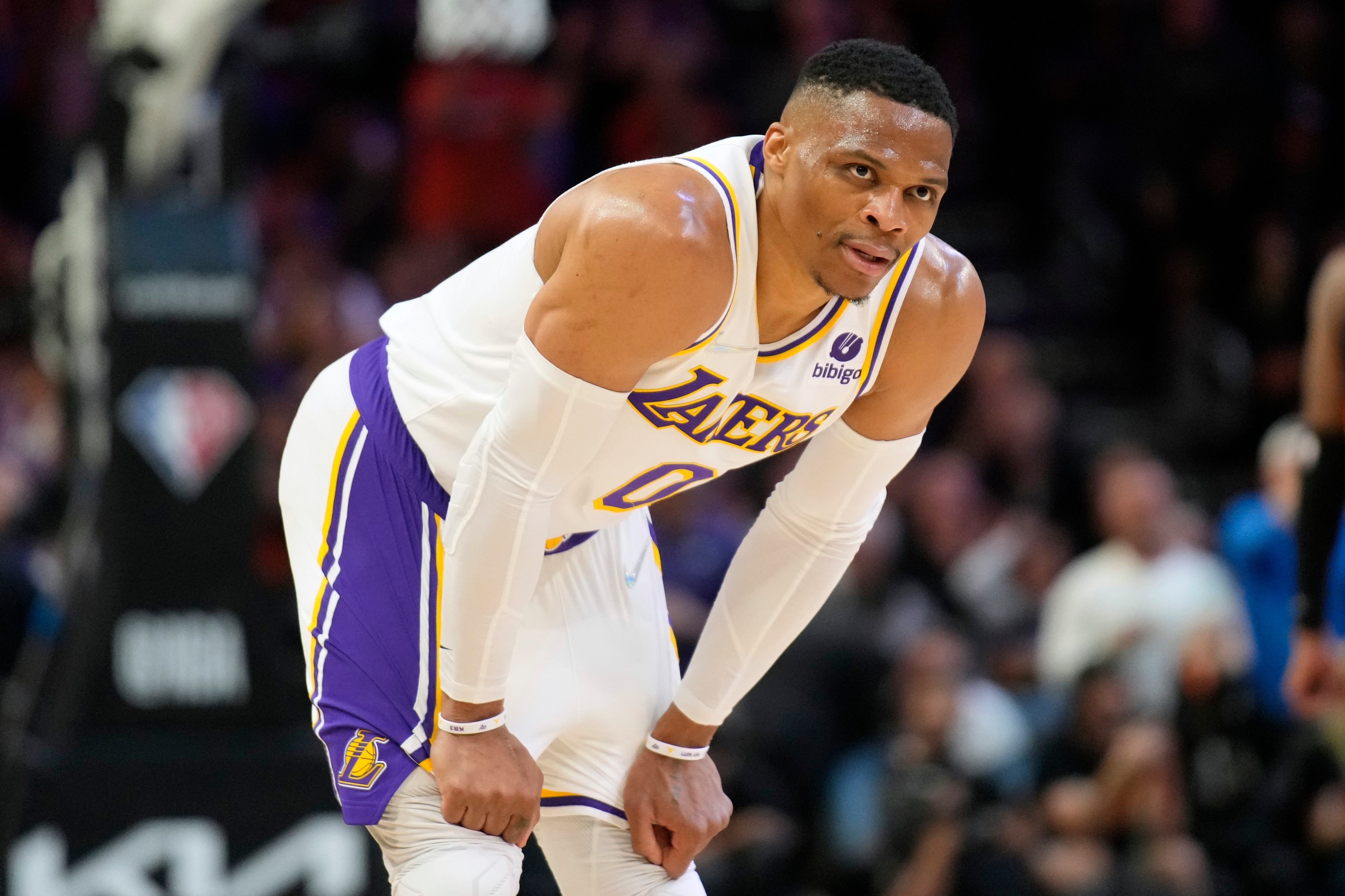 Los Angeles Lakers guard Russell Westbrook (0) during the first half of an NBA basketball game against the Phoenix Suns, Sunday, Jan. 13, 2022, in Phoenix. (AP Photo/Rick Scuteri)