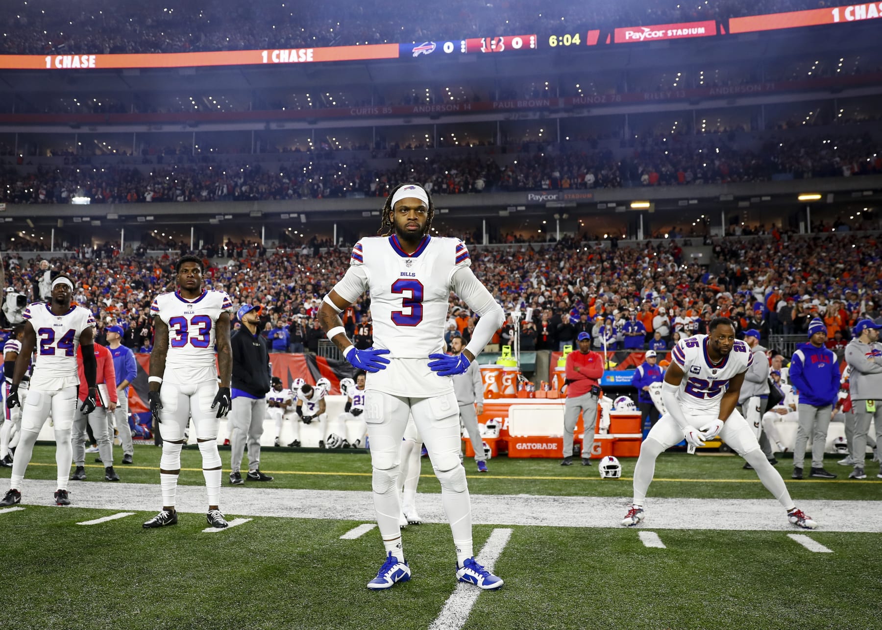 CINCINNATI, OH - JANUARY 2: Damar Hamlin #3 of the Buffalo Bills stands near the sidelines during introductions prior to an NFL football game against the Cincinnati Bengals at Paycor Stadium on January 2, 2023 in Cincinnati, Ohio. (Photo by Kevin Sabitus/Getty Images)