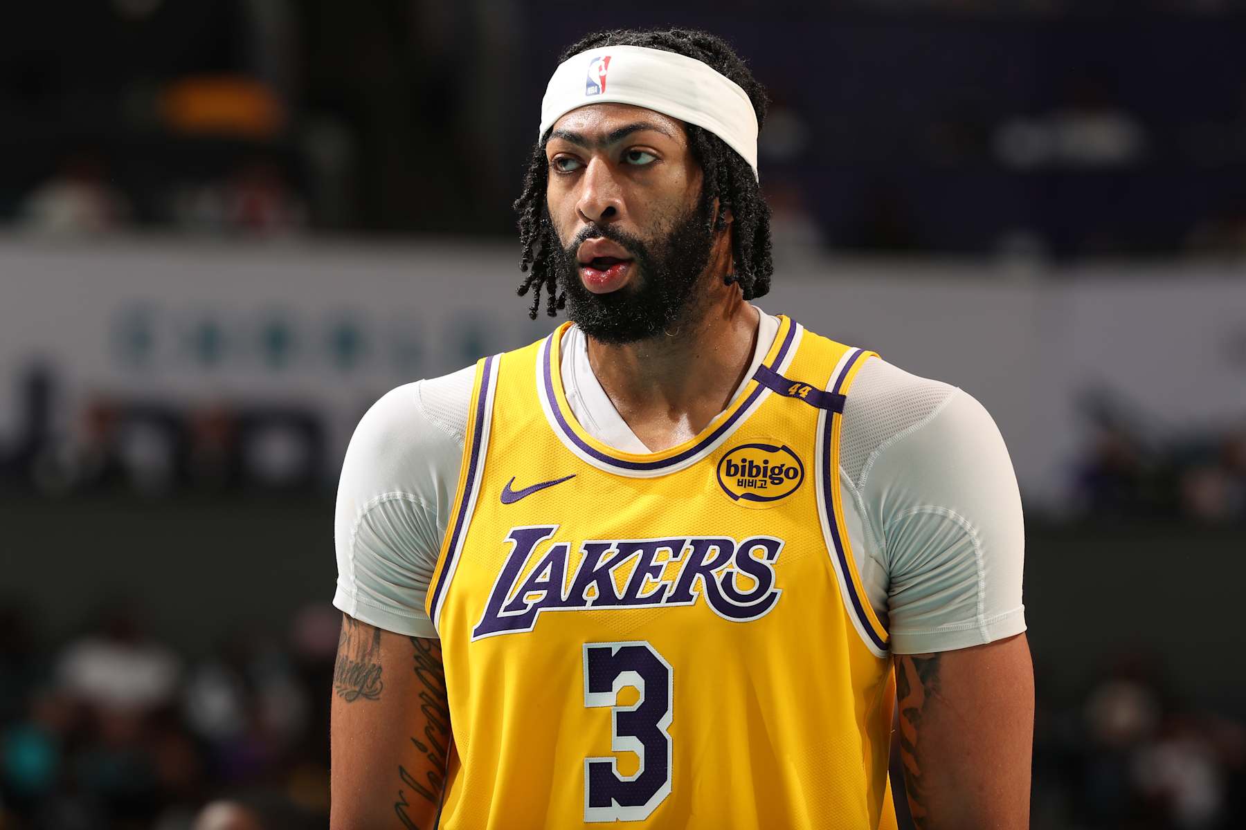 CHARLOTTE, NC - JANUARY 27:  Anthony Davis #3 of the Los Angeles Lakers during the game against the Charlotte Hornets on January 27, 2025 at Spectrum Center in Charlotte, North Carolina. NOTE TO USER: User expressly acknowledges and agrees that, by downloading and or using this photograph, User is consenting to the terms and conditions of the Getty Images License Agreement. Mandatory Copyright Notice: Copyright 2025 NBAE (Photo by Kent Smith/NBAE via Getty Images)