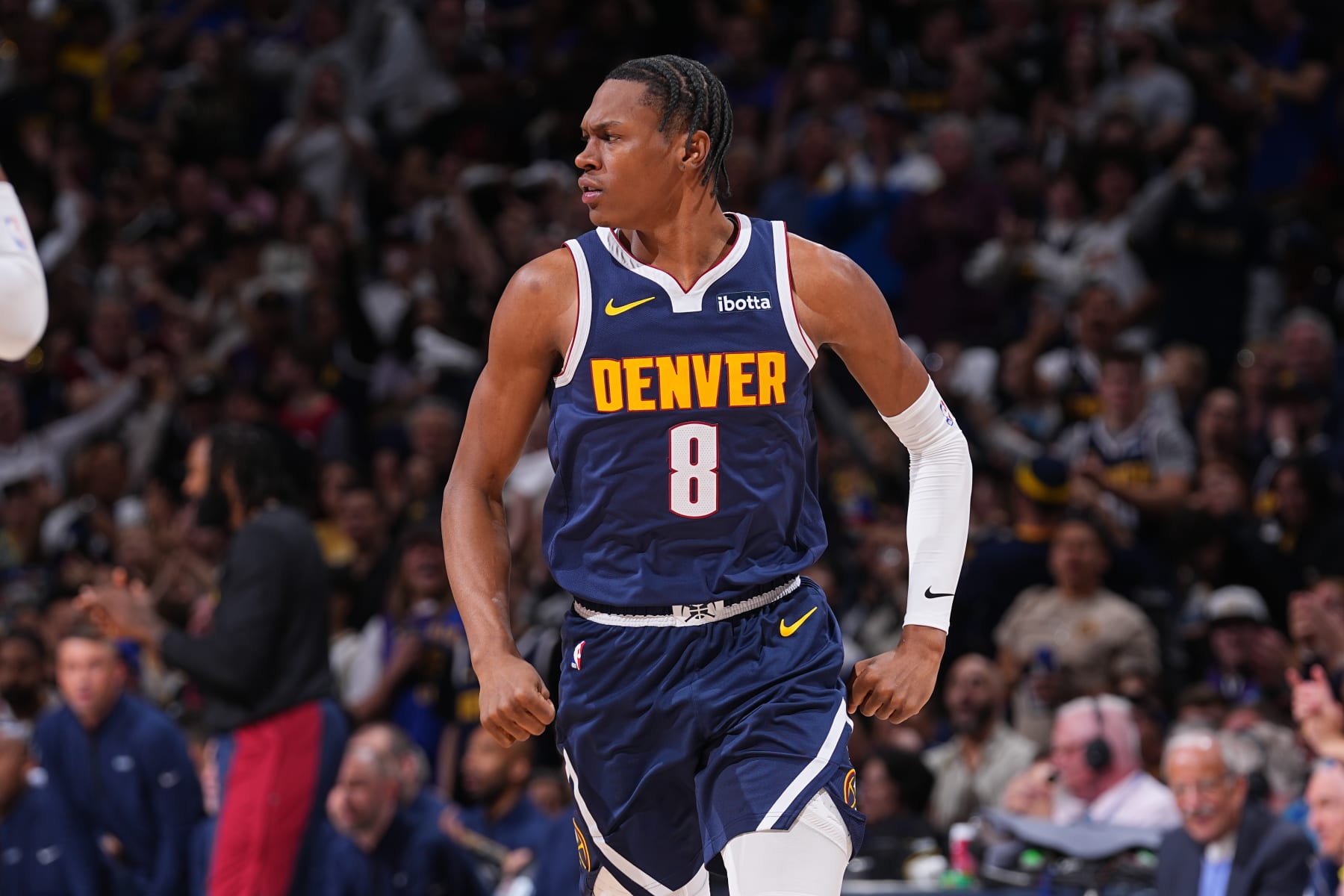 DENVER, CO - APRIL 29: Peyton Watson #8 of the Denver Nuggets looks on during the game against the Los Angeles Lakers during Round One Game Five of the 2024 NBA Playoffs on April 29, 2024 at the Ball Arena in Denver, Colorado. NOTE TO USER: User expressly acknowledges and agrees that, by downloading and/or using this Photograph, user is consenting to the terms and conditions of the Getty Images License Agreement. Mandatory Copyright Notice: Copyright 2024 NBAE (Photo by Bart Young/NBAE via Getty Images)