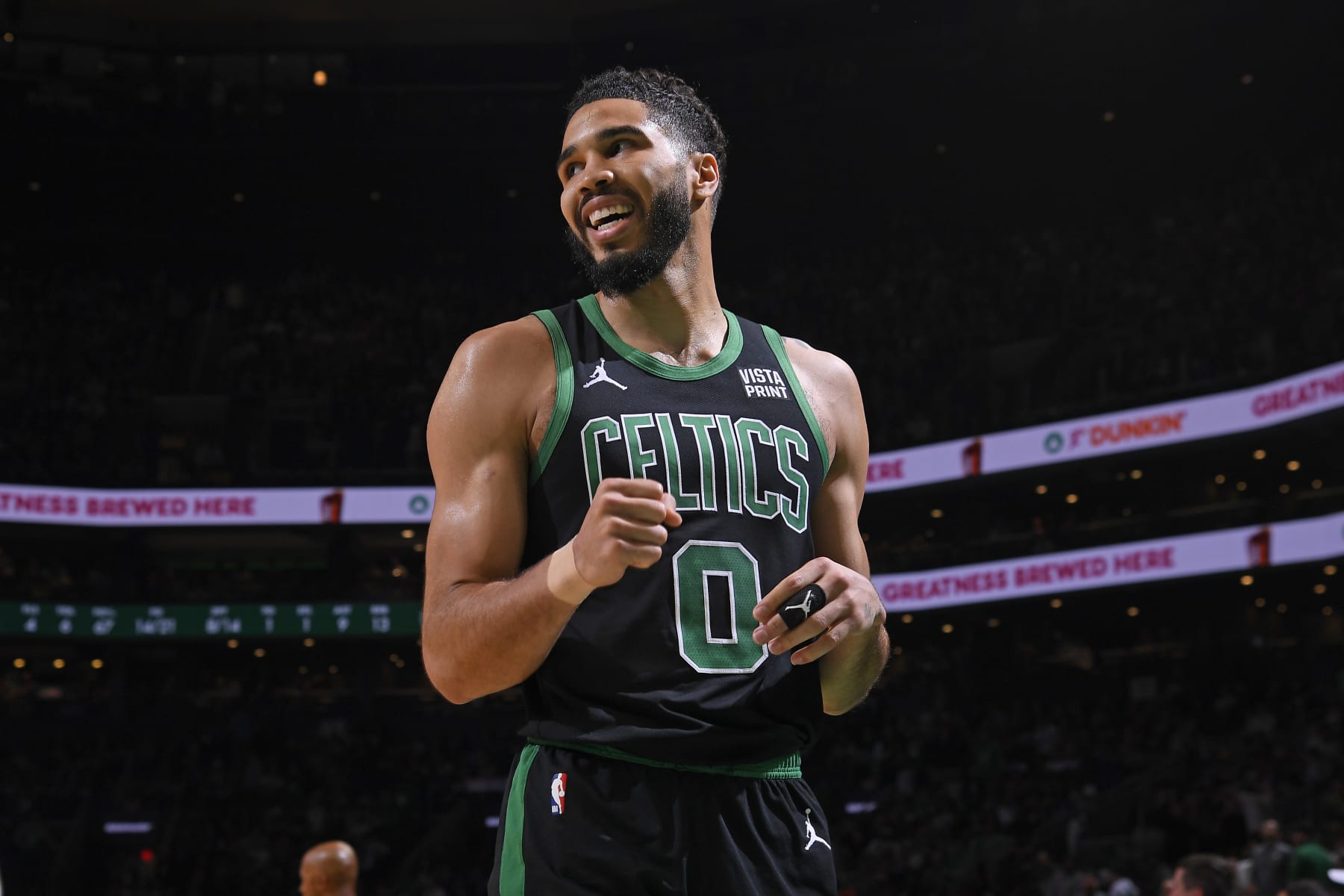 BOSTON, MA - MAY 1: Jayson Tatum #0 of the Boston Celtics looks on during the game against the Miami Heat during Round 1 Game 5 of the 2024 NBA Playoffs on May 1, 2024 at the TD Garden in Boston, Massachusetts. NOTE TO USER: User expressly acknowledges and agrees that, by downloading and or using this photograph, User is consenting to the terms and conditions of the Getty Images License Agreement. Mandatory Copyright Notice: Copyright 2024 NBAE  (Photo by Brian Babineau/NBAE via Getty Images)