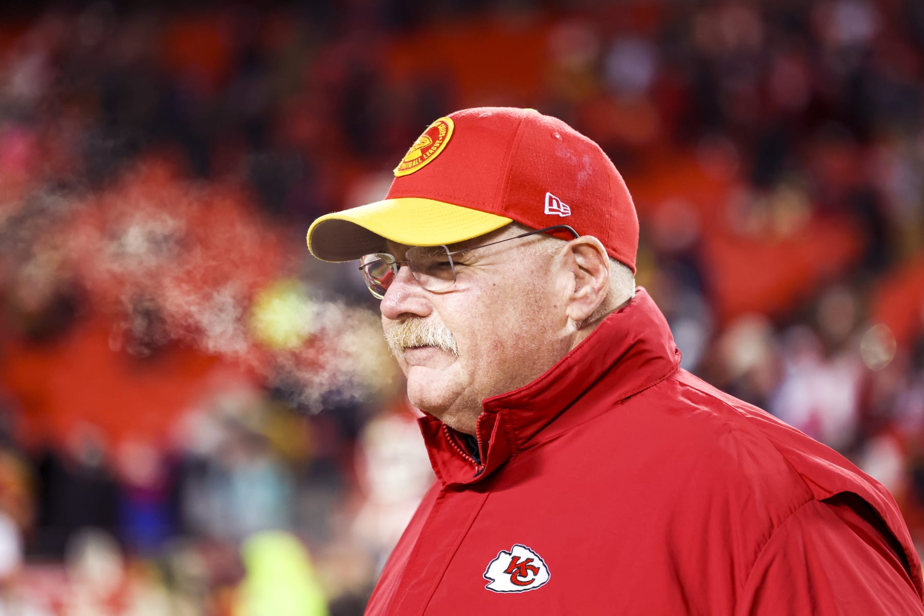 KANSAS CITY, MISSOURI - JANUARY 13: Head coach Andy Reid of the Kansas City Chiefs smiles prior to an NFL Super Wild Card Weekend playoff game against the Miami Dolphins at GEHA Field at Arrowhead Stadium on January 13, 2024 in Kansas City, Missouri. (Photo by Kara Durrette/Getty Images)