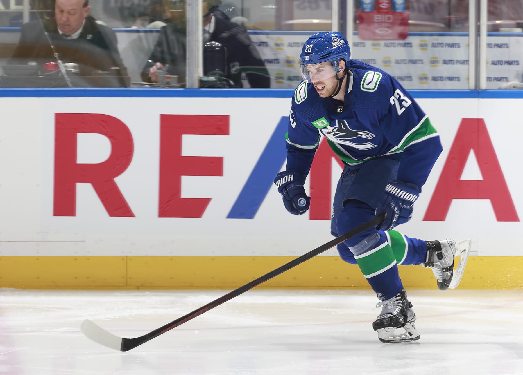 VANCOUVER, CANADA - FEBRUARY 24: Elias Lindholm #23 of the Vancouver Canucks skates up ice during their NHL game against the Boston Bruins at Rogers Arena on February 24, 2024 in Vancouver, British Columbia, Canada.  (Photo by Jeff Vinnick/NHLI via Getty Images)