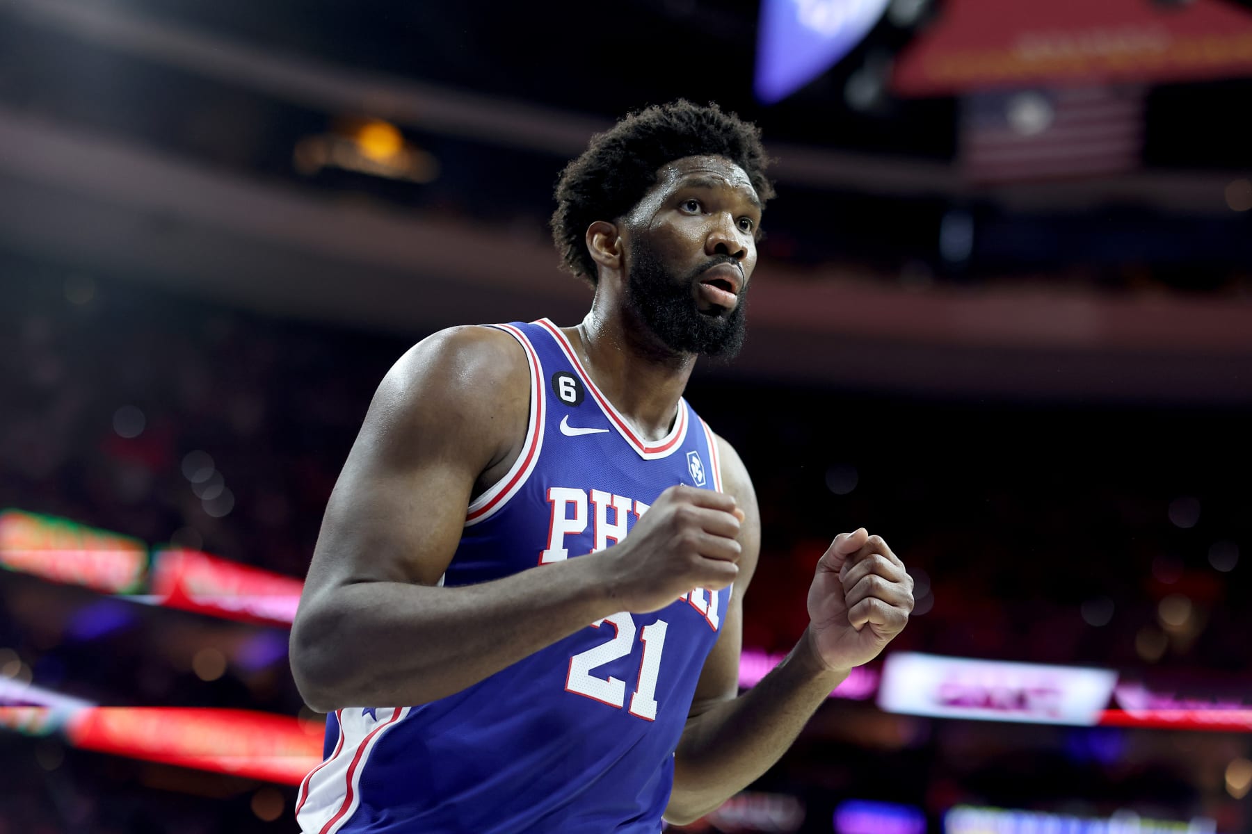 PHILADELPHIA, PENNSYLVANIA - MAY 11: Joel Embiid #21 of the Philadelphia 76ers looks on against the Boston Celtics during the third quarter in game six of the Eastern Conference Semifinals in the 2023 NBA Playoffs at Wells Fargo Center on May 11, 2023 in Philadelphia, Pennsylvania. NOTE TO USER: User expressly acknowledges and agrees that, by downloading and or using this photograph, User is consenting to the terms and conditions of the Getty Images License Agreement. (Photo by Tim Nwachukwu/Getty Images)