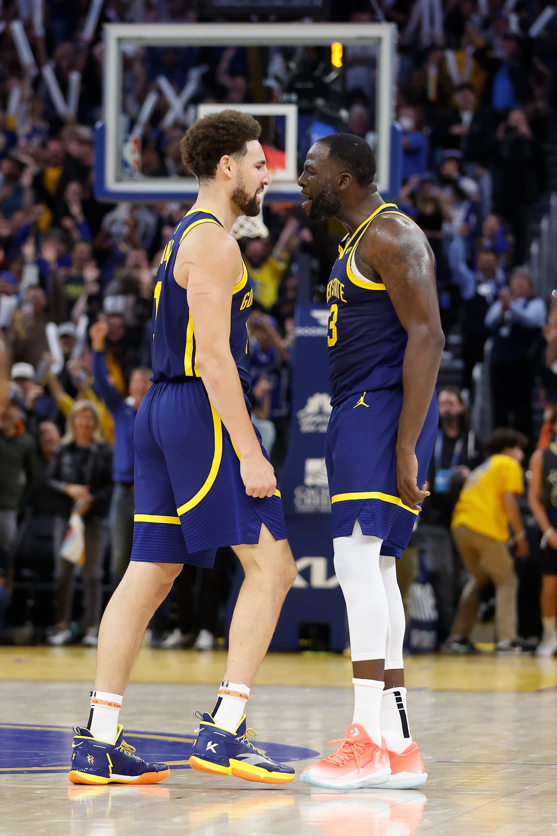 SAN FRANCISCO, CALIFORNIA - NOVEMBER 01: Klay Thompson #11 of the Golden State Warriors celebrates with Draymond Green #23 after making a go-ahead basket late in the fourth quarter against the Sacramento Kings at Chase Center on November 01, 2023 in San Francisco, California. NOTE TO USER: User expressly acknowledges and agrees that, by downloading and or using this photograph, User is consenting to the terms and conditions of the Getty Images License Agreement. (Photo by Lachlan Cunningham/Getty Images)