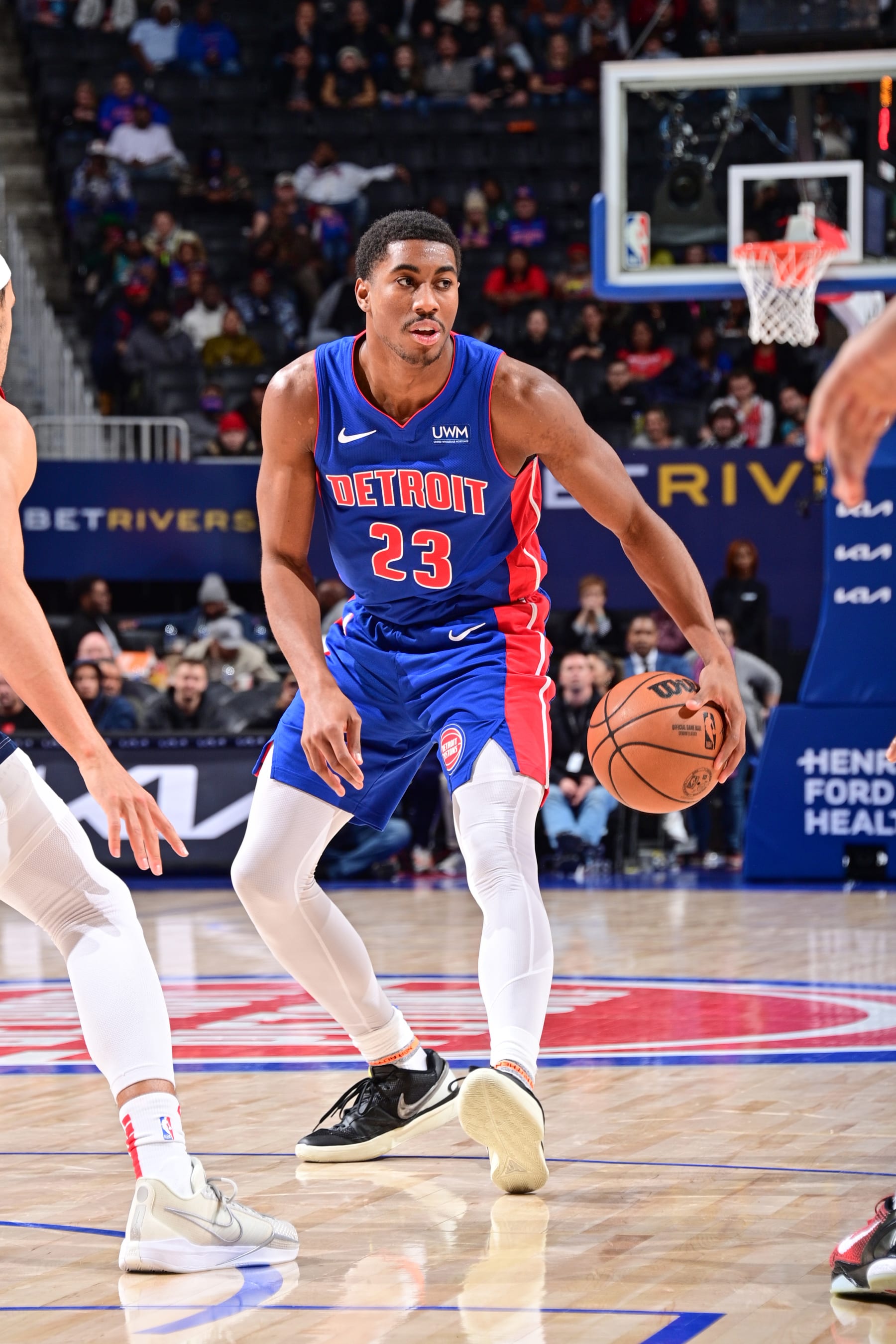 DETROIT, MI - NOVEMBER 27: Jaden Ivey #23 of the Detroit Pistons handles the ball during the game  on November 27, 2023 at Little Caesars Arena in Detroit, Michigan. NOTE TO USER: User expressly acknowledges and agrees that, by downloading and/or using this photograph, User is consenting to the terms and conditions of the Getty Images License Agreement. Mandatory Copyright Notice: Copyright 2023 NBAE (Photo by Chris Schwegler/NBAE via Getty Images)