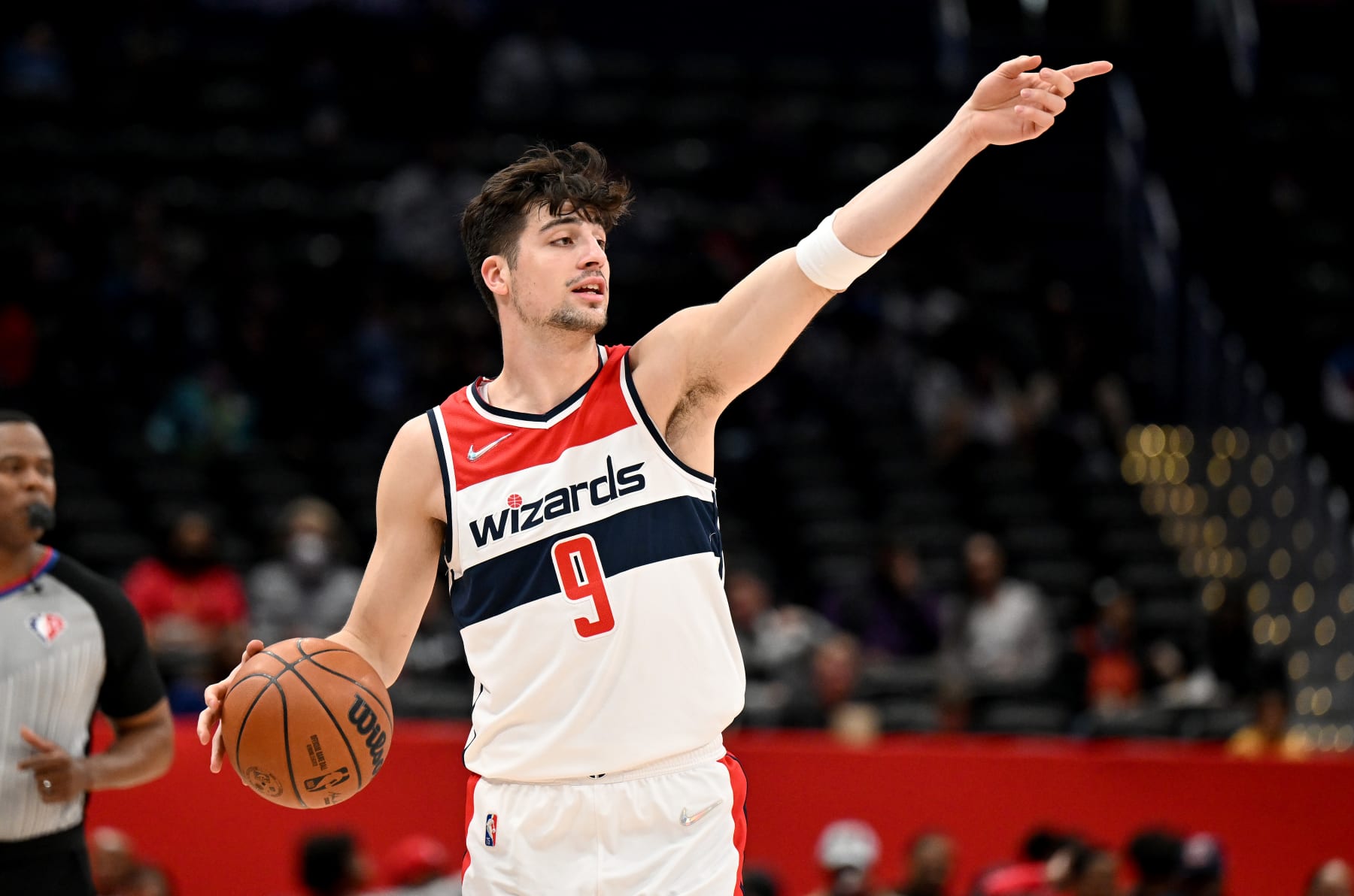 WASHINGTON, DC - MARCH 30: Deni Avdija #9 of the Washington Wizards handles the ball against the Orlando Magic at Capital One Arena on March 30, 2022 in Washington, DC.  NOTE TO USER: User expressly acknowledges and agrees that, by downloading and or using this photograph, User is consenting to the terms and conditions of the Getty Images License Agreement. (Photo by G Fiume/Getty Images)
