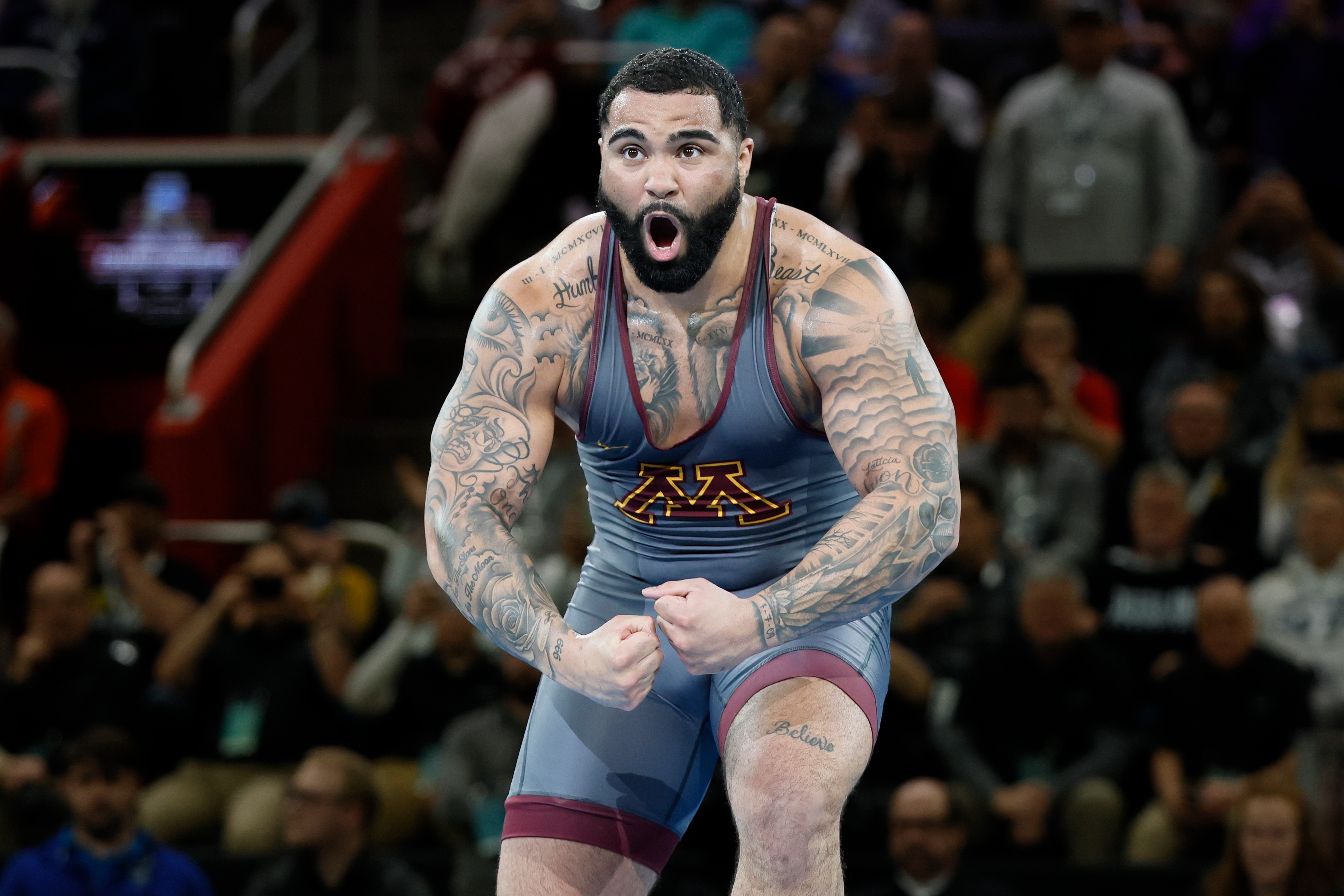 DETROIT, MI - MARCH 19: Gable Steveson of the Minnesota Golden Gophers celebrates his win over Cohlton Schultz of the Arizona State Sun Devils in the 285-pound final match during the Division I Mens Wrestling Championship held at Little Caesars Arena on March 19, 2022 in Detroit, Michigan. (Photo by Jay LaPrete/NCAA Photos/NCAA Photos via Getty Images)