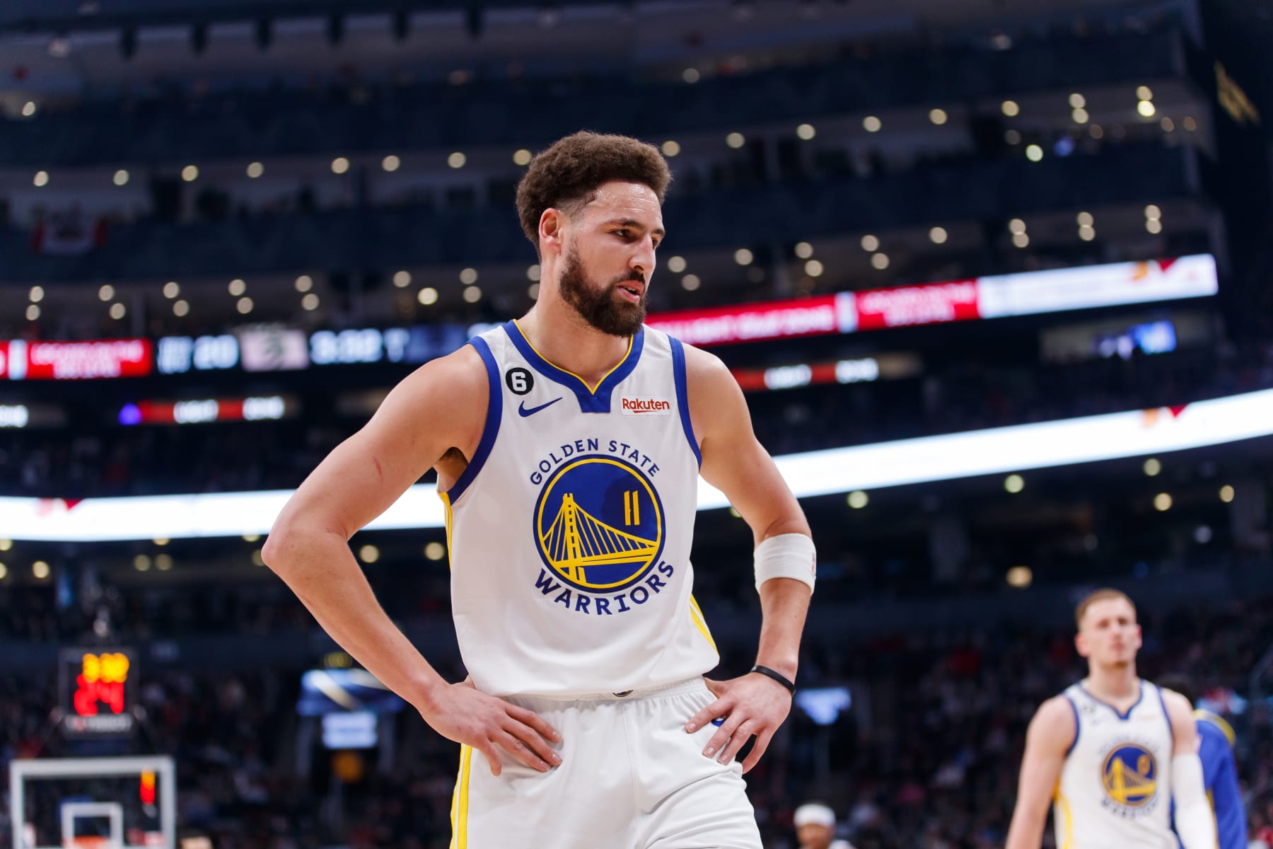 TORONTO, ON - DECEMBER 18: Klay Thompson #11 of the Golden State Warriors walks the court during the first half of their NBA game against the Toronto Raptors at Scotiabank Arena on December 18, 2022 in Toronto, Canada. NOTE TO USER: User expressly acknowledges and agrees that, by downloading and or using this photograph, User is consenting to the terms and conditions of the Getty Images License Agreement. (Photo by Cole Burston/Getty Images)