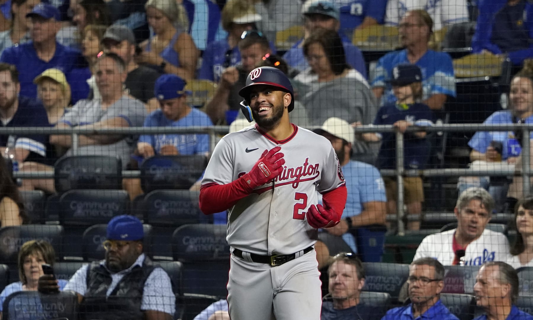 KANSAS CITY, MISSOURI - MAY 26:  Luis Garcia #2 of the Washington Nationals smiles after after scoring on a Joey Meneses single in the sixth inning against the Kansas City Royals at Kauffman Stadium on May 26, 2023 in Kansas City, Missouri. (Photo by Ed Zurga/Getty Images)