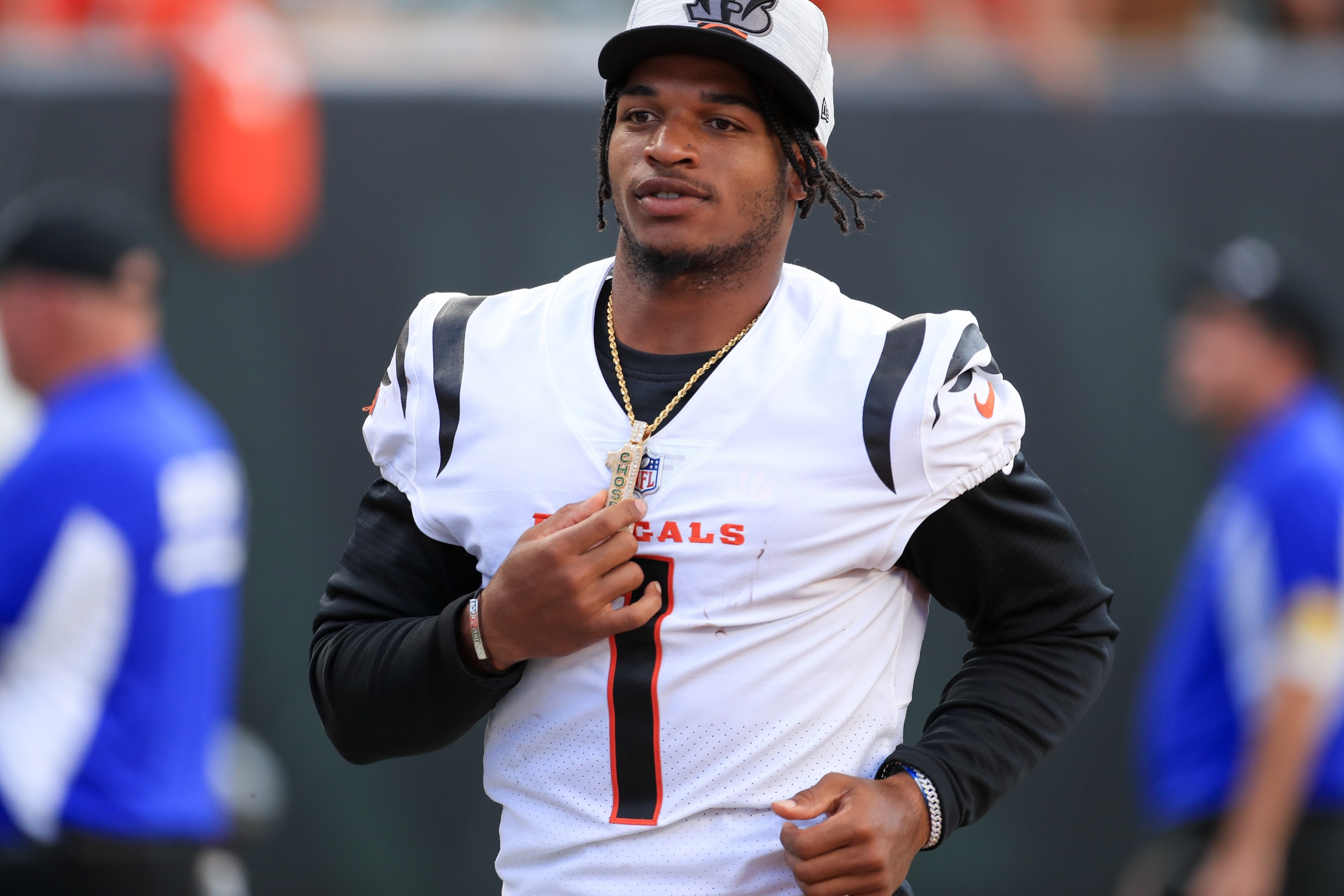 CINCINNATI, OH - AUGUST 29: Cincinnati Bengals wide receiver Ja'Marr Chase (1) walks off the field after the game against the Miami Dolphins and the Cincinnati Bengals on August 29, 2021, at Paul Brown Stadium in Cincinnati, OH. (Photo by Ian Johnson/Icon Sportswire via Getty Images)