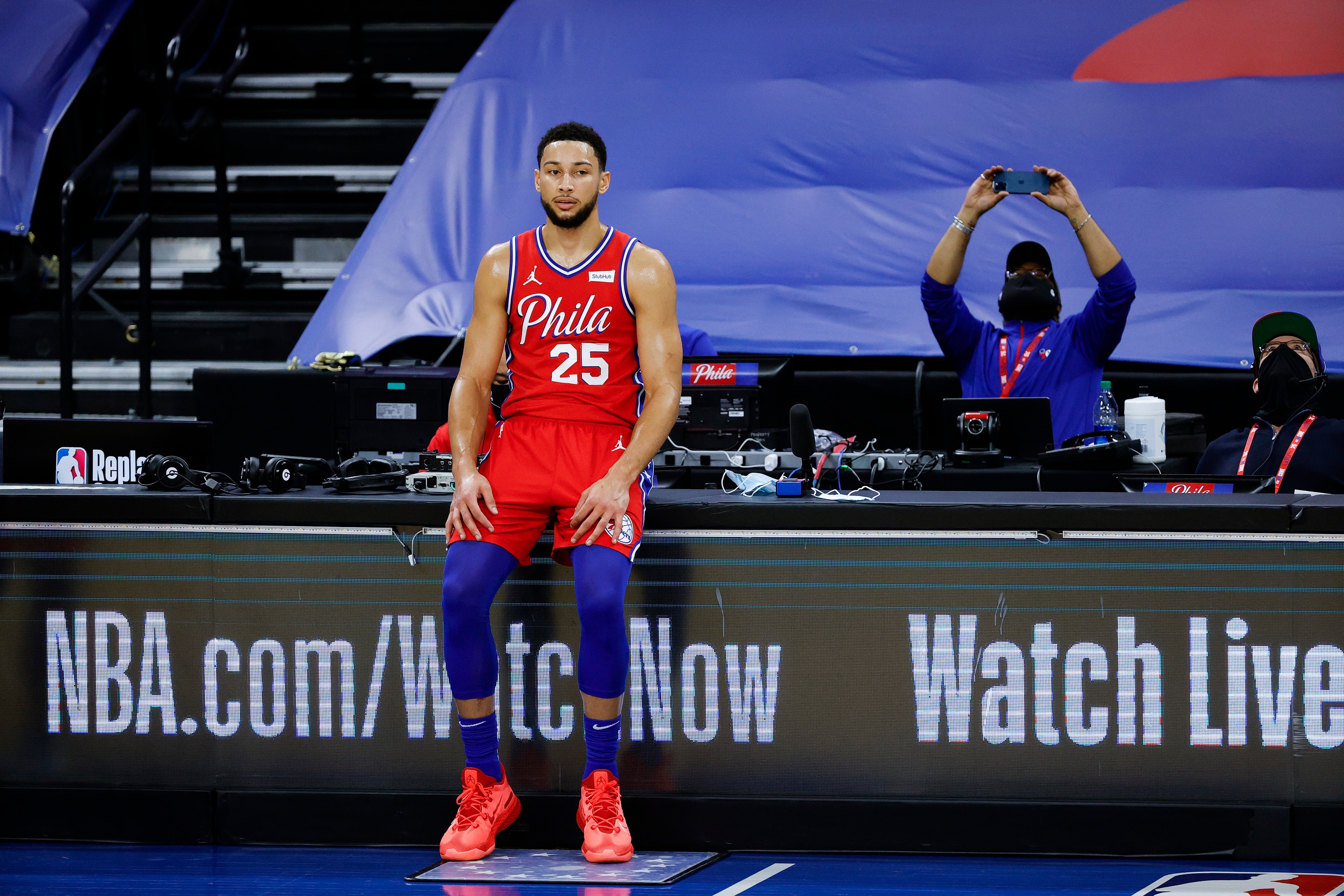 PHILADELPHIA, PENNSYLVANIA - JANUARY 22: Ben Simmons #25 of the Philadelphia 76ers looks on against the Boston Celtics at Wells Fargo Center on January 22, 2021 in Philadelphia, Pennsylvania. NOTE TO USER: User expressly acknowledges and agrees that, by downloading and or using this photograph, User is consenting to the terms and conditions of the Getty Images License Agreement. (Photo by Tim Nwachukwu/Getty Images)