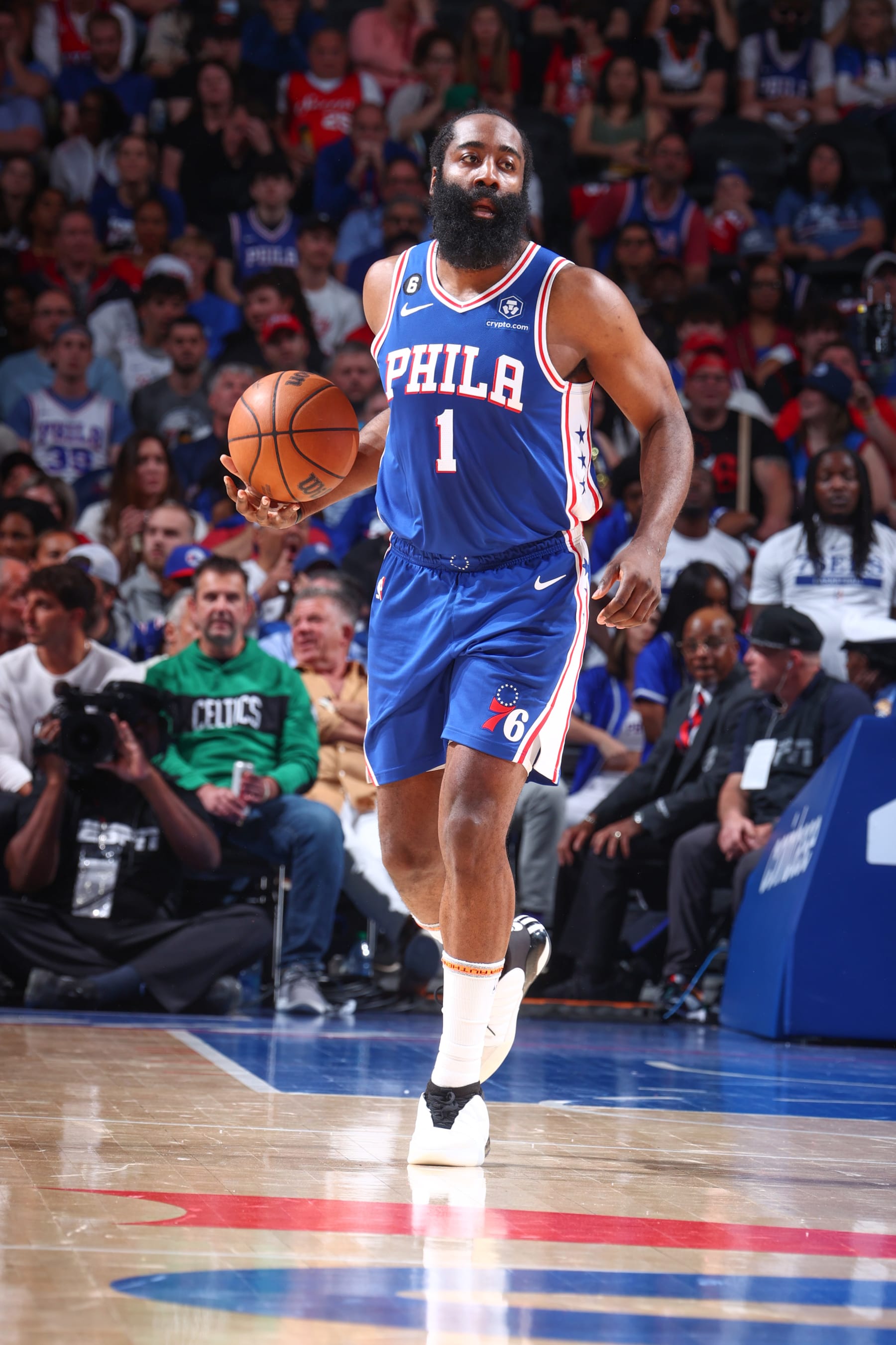 PHILADELPHIA, PA - MAY 11:  James Harden #1 of the Philadelphia 76ers goes to the basket during the game during round two game six of the 2023 NBA Playoffs on on May 11, 2023 at the Wells Fargo Center in Philadelphia, Pennsylvania NOTE TO USER: User expressly acknowledges and agrees that, by downloading and/or using this Photograph, user is consenting to the terms and conditions of the Getty Images License Agreement. Mandatory Copyright Notice: Copyright 2023 NBAE (Photo by Nathaniel S. Butler/NBAE via Getty Images)