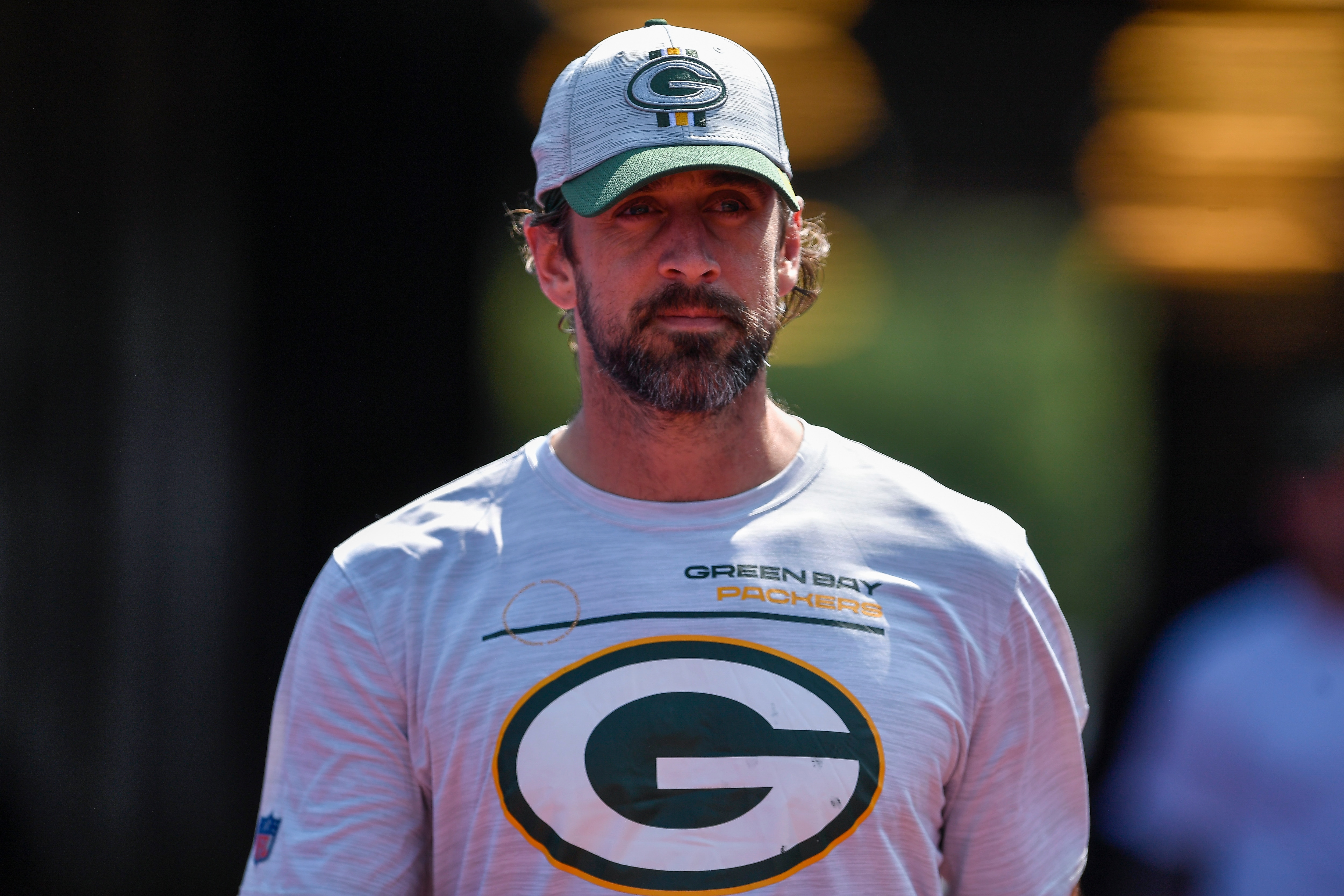 Green Bay Packers quarterback Aaron Rodgers walks out of the tunnel before a preseason NFL football game against the Buffalo Bills in Orchard Park, N.Y., Saturday, Aug. 28, 2021. (AP Photo/Adrian Kraus)