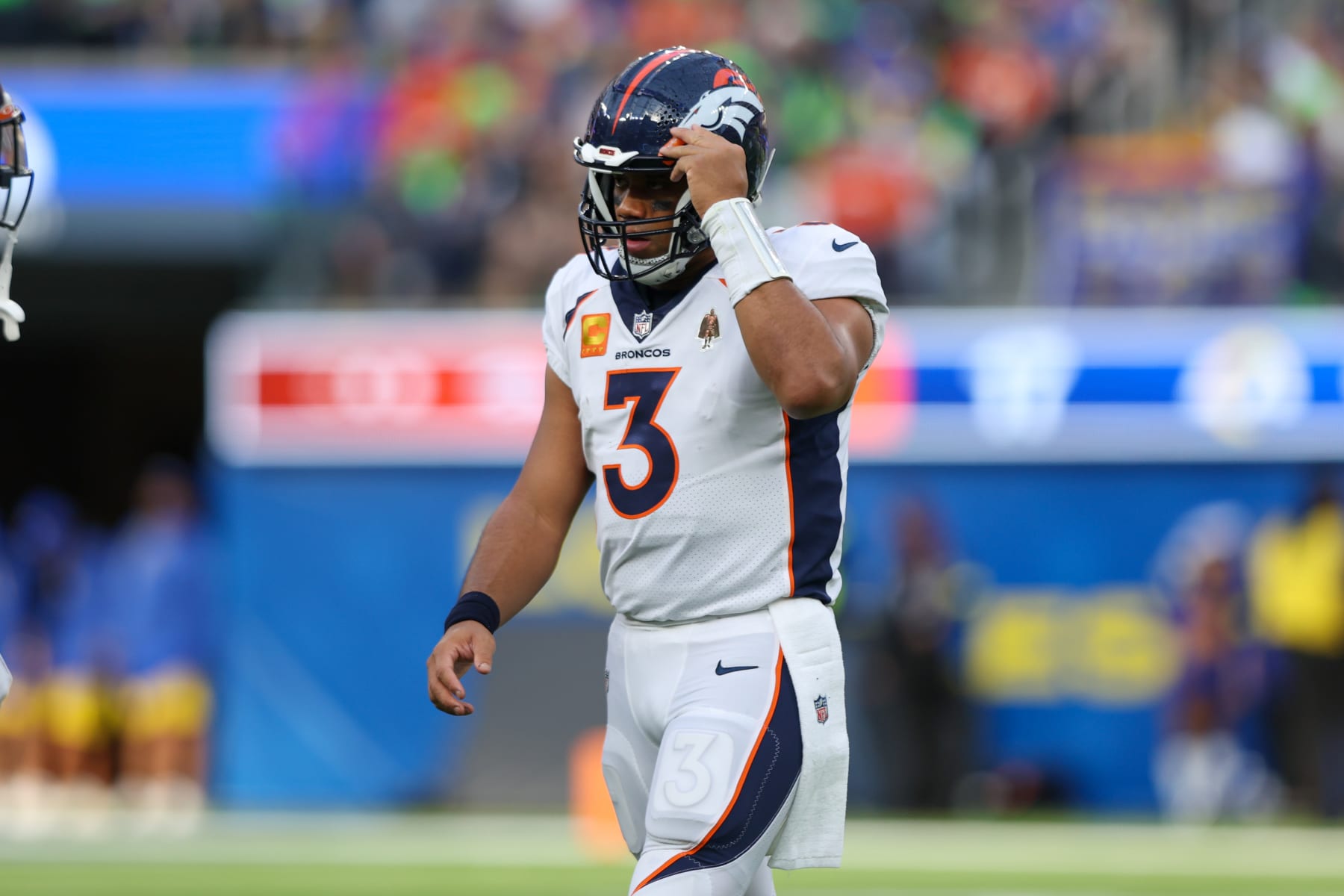 INGLEWOOD, CA - DECEMBER 25: Denver Broncos quarterback Russell Wilson (3) walks off of the field during the NFL game between the Denver Broncos and the Los Angeles Rams on December 25, 2022, at SoFi Stadium in Inglewood, CA. (Photo by Jordon Kelly/Icon Sportswire via Getty Images)