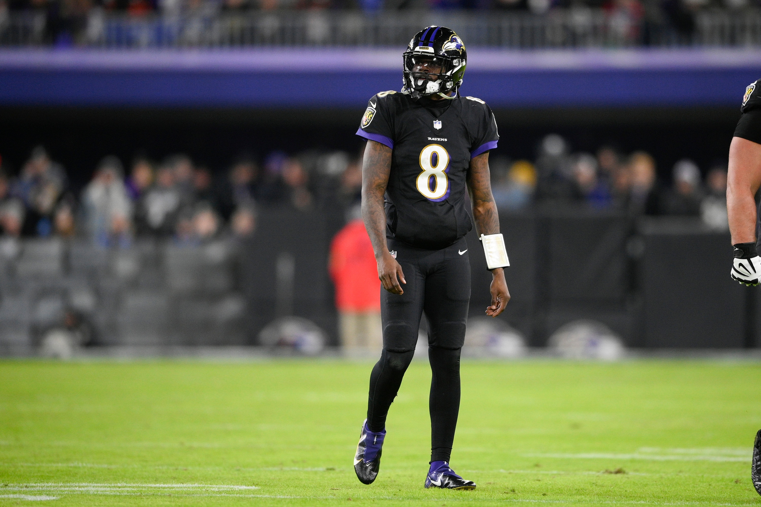 Baltimore Ravens quarterback Lamar Jackson walks off the field after throwing an interception against the Cleveland Browns during the second half of an NFL football game, Sunday, Nov. 28, 2021, in Baltimore. (AP Photo/Nick Wass)