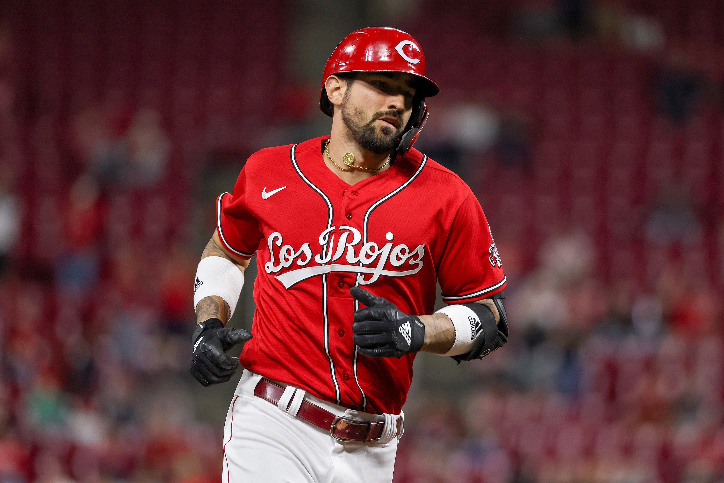 CINCINNATI, OHIO - SEPTEMBER 24: Nick Castellanos #2 of the Cincinnati Reds rounds the bases after hitting a home run in the sixth inning against the Washington Nationals at Great American Ball Park on September 24, 2021 in Cincinnati, Ohio. (Photo by Dylan Buell/Getty Images)