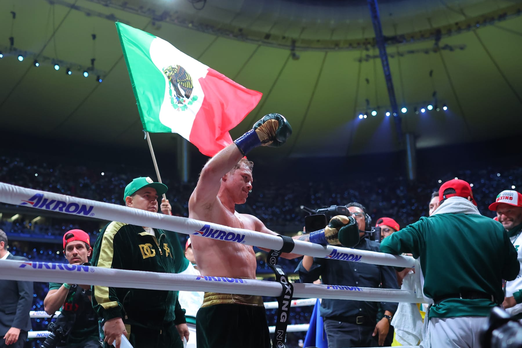 ZAPOPAN, MEXICO - MAY 06: Canelo Alvarez celebrates after the fight for the Super Middleweight Championship against John Ryder at Akron Stadium on May 06, 2023 in Zapopan, Mexico. Alvarez defeated Ryder by unanimous decision. (Photo by Hector Vivas/Getty Images)