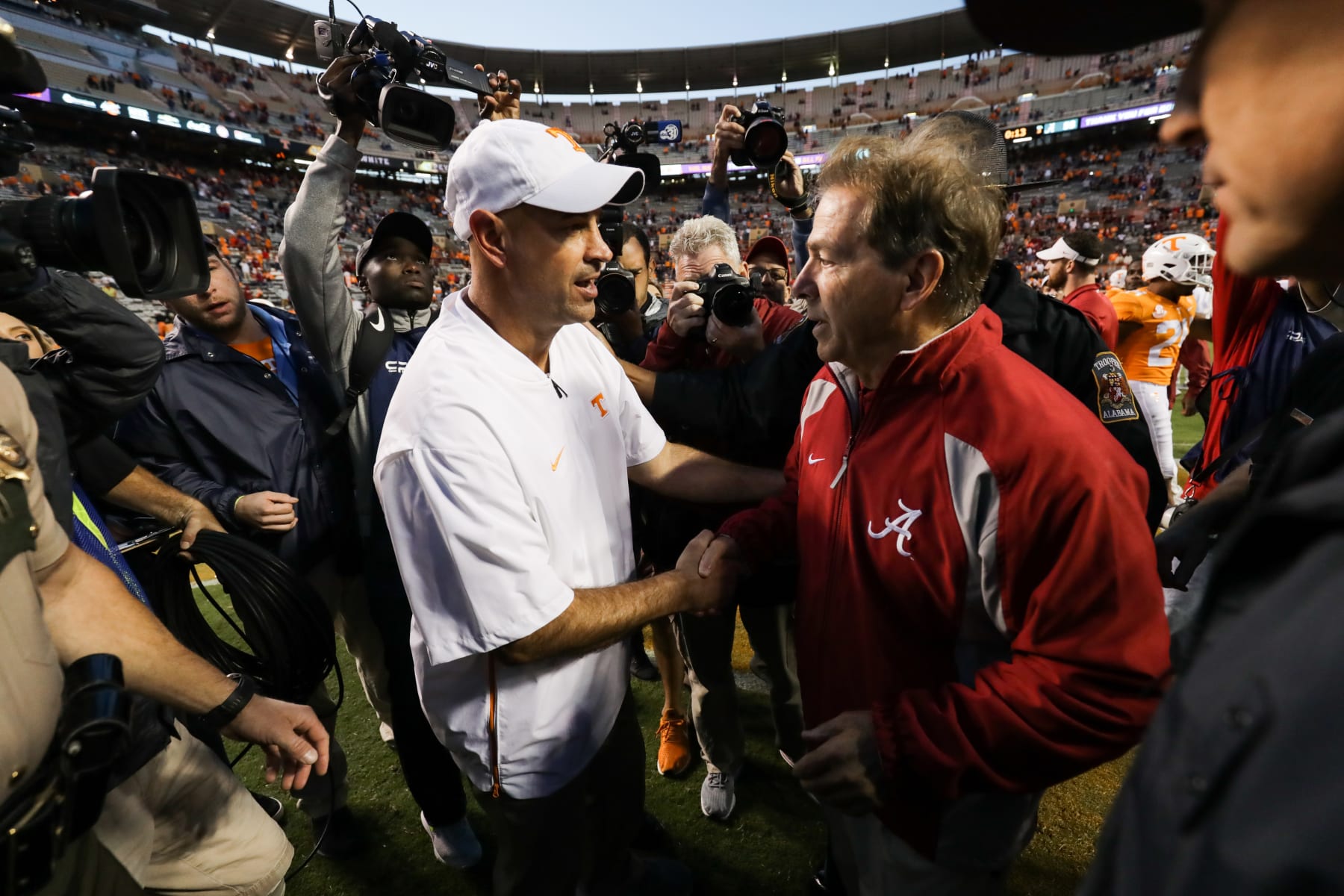 KNOXVILLE, TN - OCTOBER 20:  Head Coach Jeremy Pruitt of the Tennessee Volunteers and head coach Nick Saban of the Alabama Crimson Tide shake hands after the second half of the game between the Alabama Crimson Tide and the Tennessee Volunteers at Neyland Stadium on October 20, 2018 in Knoxville, Tennessee. Alabama won 58-21. (Photo by Donald Page/Getty Images)