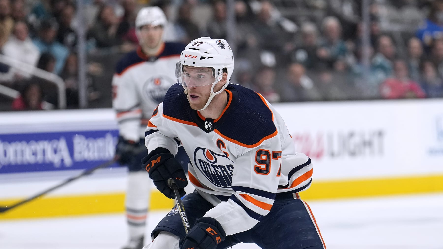 Edmonton Oilers center Connor McDavid (97) skates against the San Jose Sharks in an NHL hockey game Tuesday, April 5, 2022, in San Jose, Calif. (AP Photo/Tony Avelar)