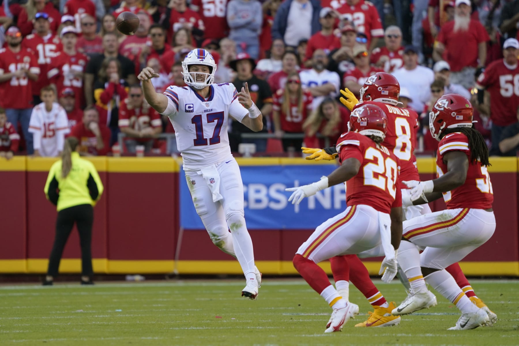 Buffalo Bills quarterback Josh Allen (17) throws during the first half of an NFL football game against the Kansas City Chiefs Sunday, Oct. 16, 2022, in Kansas City, Mo. (AP Photo/Ed Zurga)