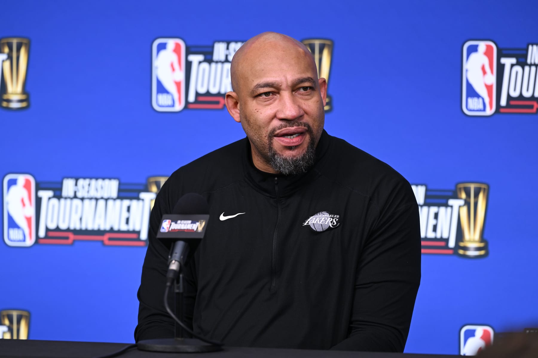 LAS VEGAS, NEVADA - DECEMBER 9: Coach Darvin Ham of Los Angeles Lakers speaks at the press conference before the NBA In-Season Tournament Finals game between Los Angeles Lakers and Indiana Pacers at the T-Mobile Arena in Las Vegas, Nevada, United States on December 9, 2023. (Photo by Tayfun Coskun/Anadolu via Getty Images)