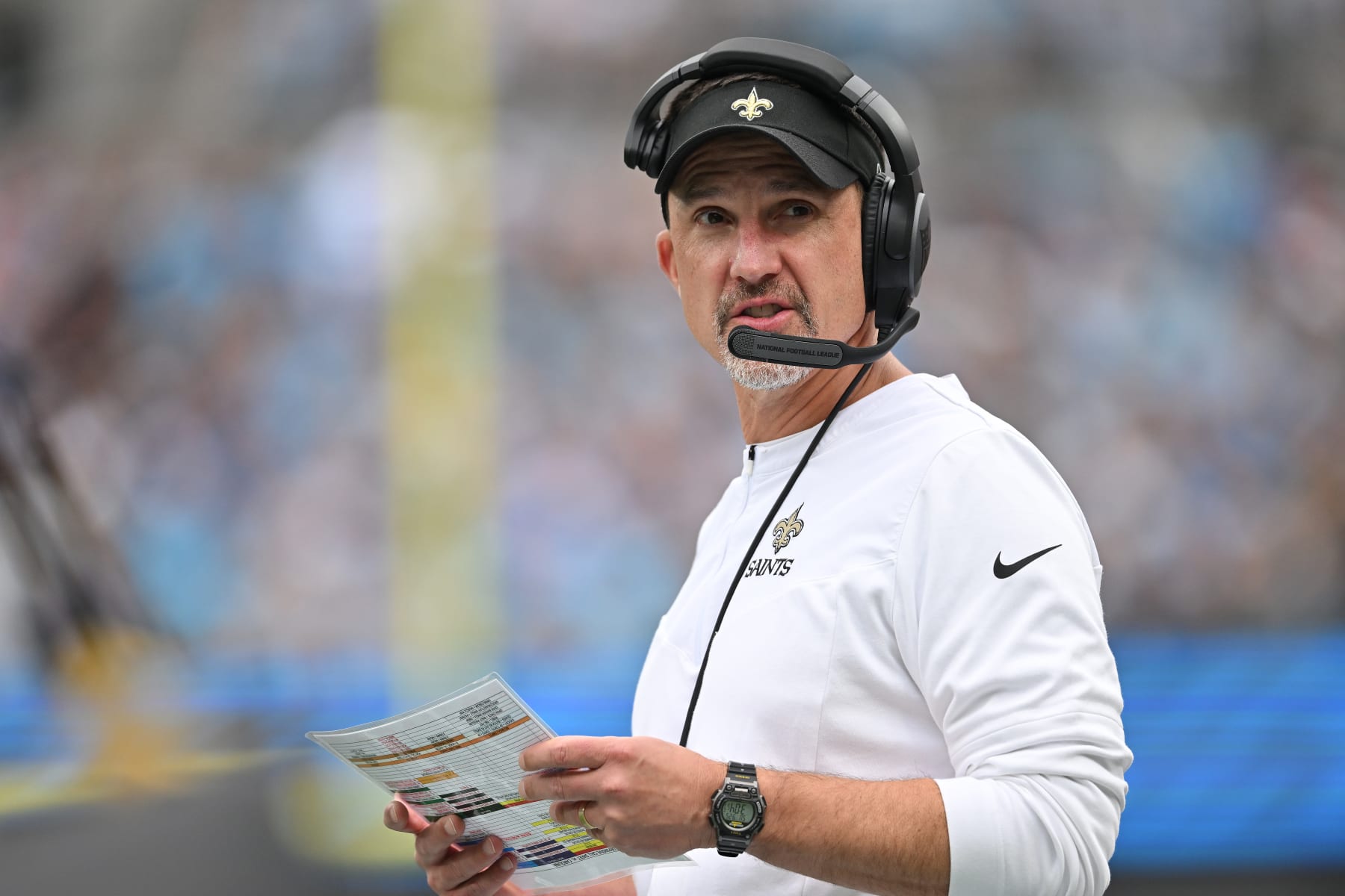 CHARLOTTE, NORTH CAROLINA - SEPTEMBER 25: Head coach Dennis Allen of the New Orleans Saints watches his team play against the Carolina Panthers during their game at Bank of America Stadium on September 25, 2022 in Charlotte, North Carolina. (Photo by Grant Halverson/Getty Images)
