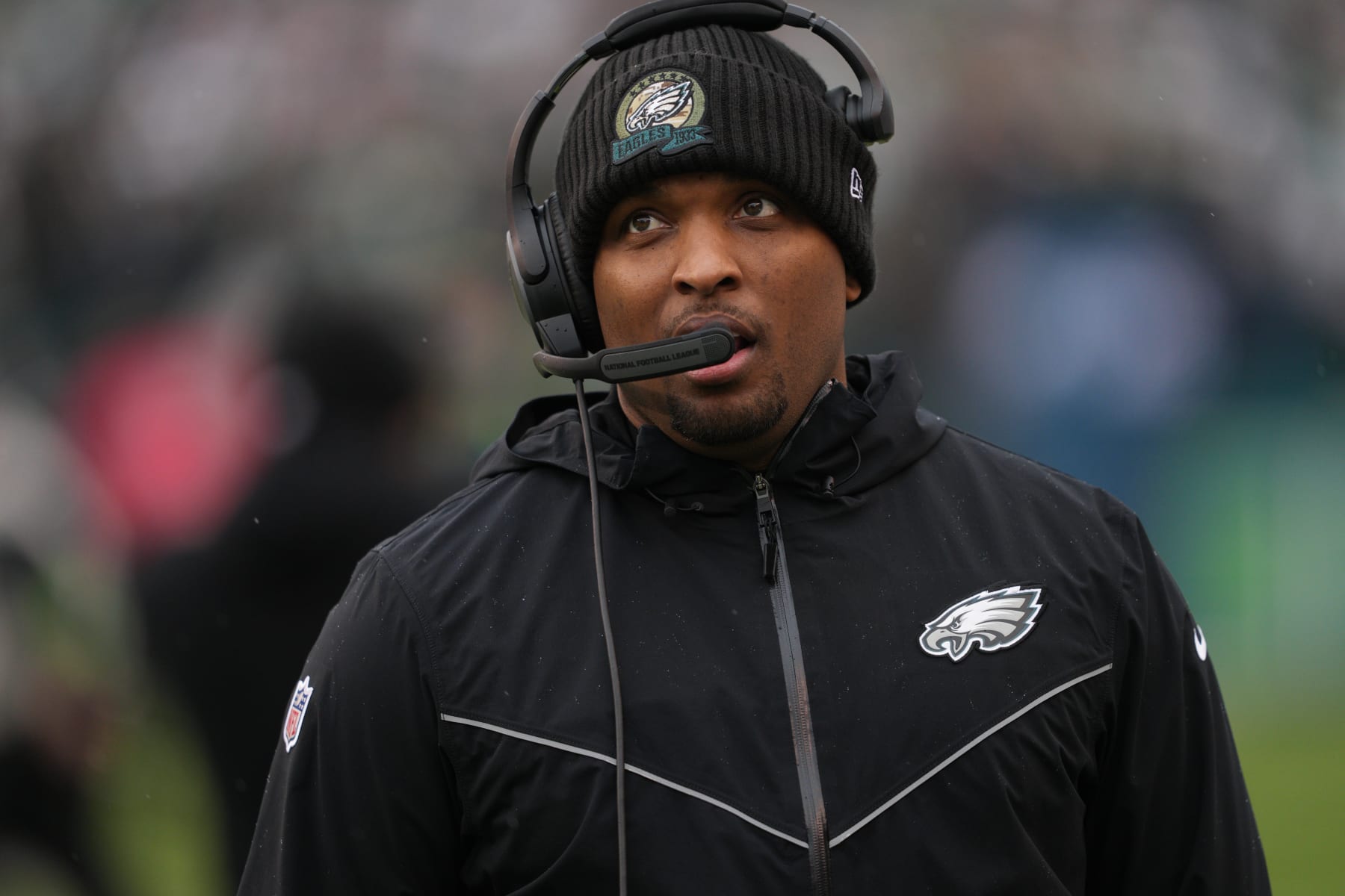PHILADELPHIA, PA - JANUARY 29: Philadelphia Eagles coach Brian Johnson looks on during the Championship game between the San Fransisco 49ers and the Philadelphia Eagles on January 29, 2023. (Photo by Andy Lewis/Icon Sportswire via Getty Images)