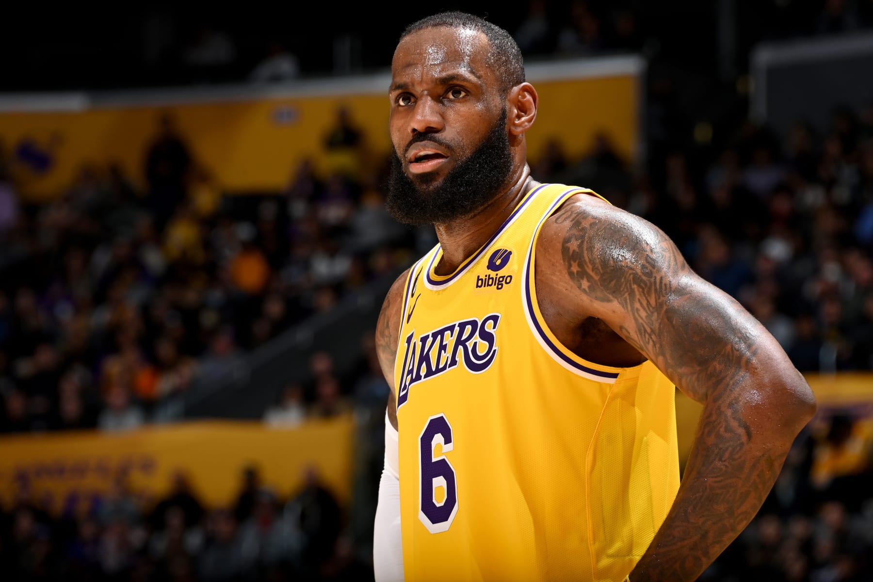 LOS ANGELES, CA - JANUARY 18: LeBron James #6 of the Los Angeles Lakers looks on during the game against the Sacramento Kings  on January 18, 2023 at Crypto.Com Arena in Los Angeles, California. NOTE TO USER: User expressly acknowledges and agrees that, by downloading and/or using this Photograph, user is consenting to the terms and conditions of the Getty Images License Agreement. Mandatory Copyright Notice: Copyright 2023 NBAE (Photo by Andrew D. Bernstein/NBAE via Getty Images)