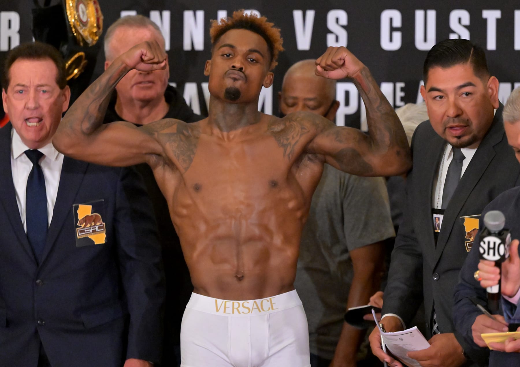 LOS ANGELES, CA - MAY 13: Jermell Charlo stands on the scale during the official weigh at the Westin LAX for his super welterweight championship fight against Brian Castano II being held at Dignity Health Sports Park, on May 13, 2022 in Los Angeles, California. (Photo by Jayne Kamin-Oncea/Getty Images)