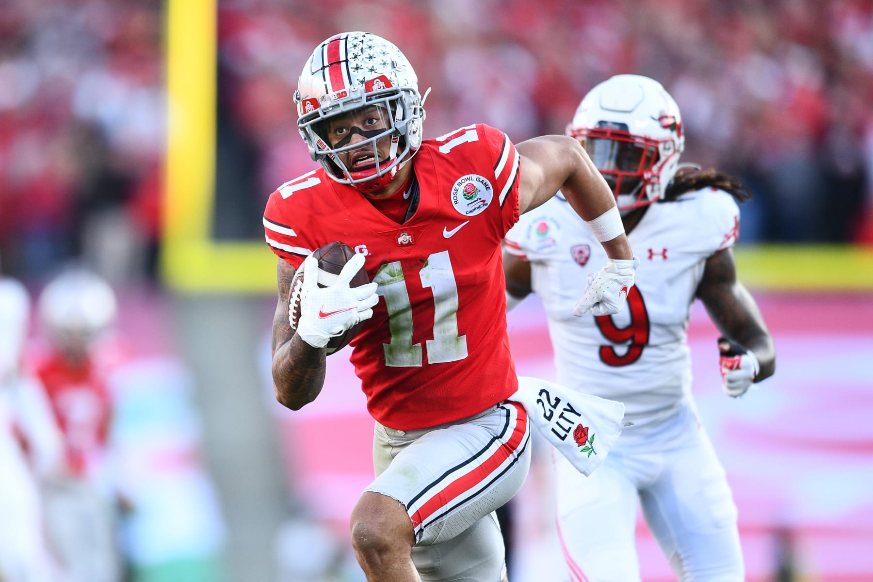 PASADENA, CA - JANUARY 01: Ohio State Buckeyes wide receiver Jaxon Smith-Njigba (11) breaks free during the Rose Bowl game between the Ohio State Buckeyes and the Utah Utes on January 1, 2022 at the Rose Bowl in Pasadena, CA. (Photo by Brian Rothmuller/Icon Sportswire via Getty Images)