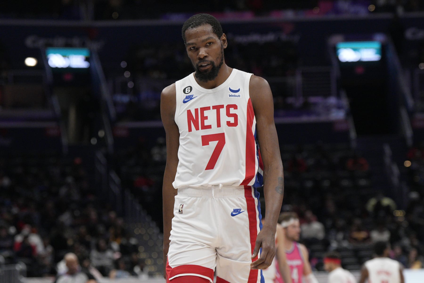 WASHINGTON, DC - DECEMBER 12: Kevin Durant #7 of the Brooklyn Nets looks on during the first half of the game against the Washington Wizards at Capital One Arena on December 12, 2022 in Washington, DC. NOTE TO USER: User expressly acknowledges and agrees that, by downloading and or using this photograph, User is consenting to the terms and conditions of the Getty Images License Agreement. (Photo by Jess Rapfogel/Getty Images) WASHINGTON, DC - DECEMBER 12: Kevin Durant #7 of the Brooklyn Nets looks on during the first half of the game against the Washington Wizards at Capital One Arena on December 12, 2022 in Washington, DC. NOTE TO USER: User expressly acknowledges and agrees that, by downloading and or using this photograph, User is consenting to the terms and conditions of the Getty Images License Agreement. (Photo by Jess Rapfogel/Getty Images)