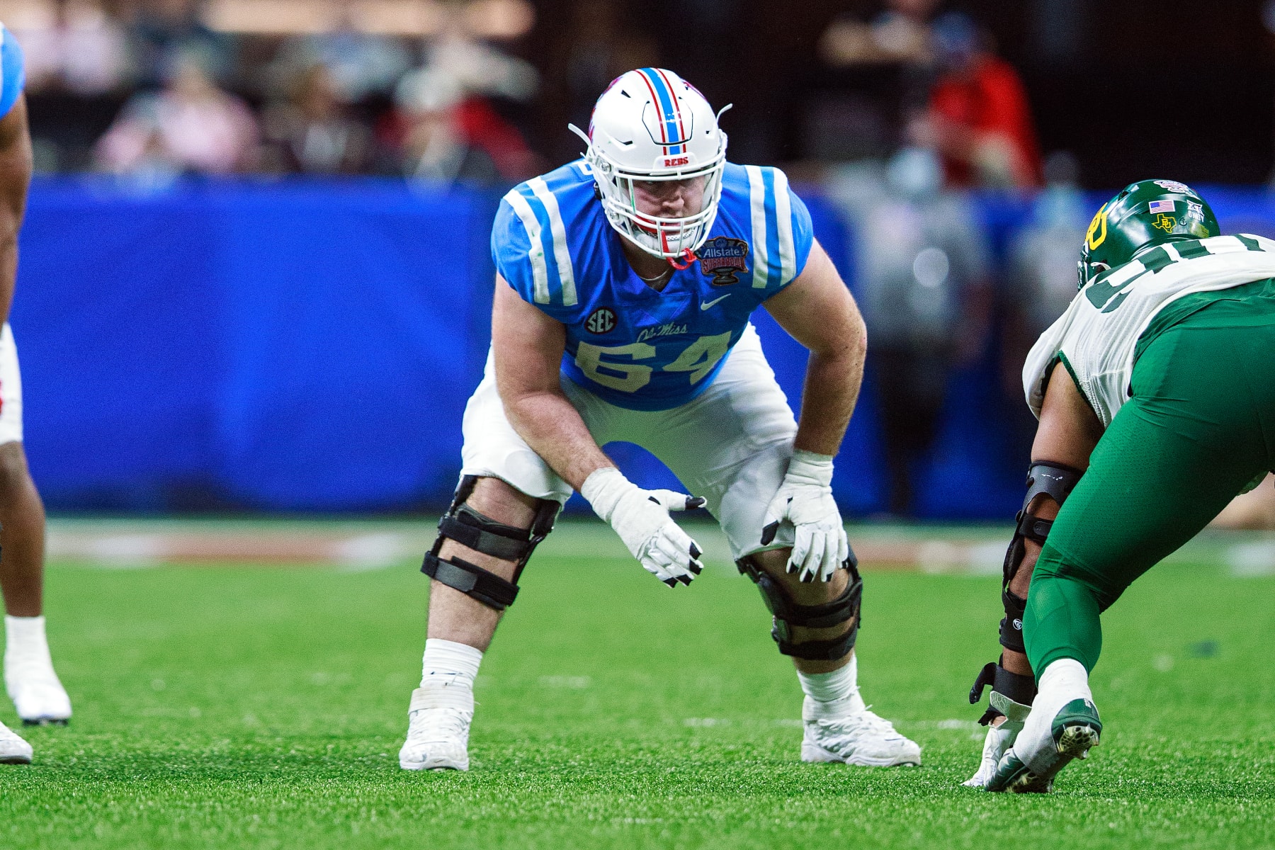 NEW ORLEANS, LA - JANUARY 01: Ole Miss Rebels offensive lineman Nick Broeker (64) offensive lineman lines up for a play during the Allstate Sugar Bowl between the Baylor Bears and the Ole Miss Rebels on January 1, 2022 at the Ceasars Superdome in New Orleans, Louisiana. (Photo by John Korduner/Icon Sportswire via Getty Images)