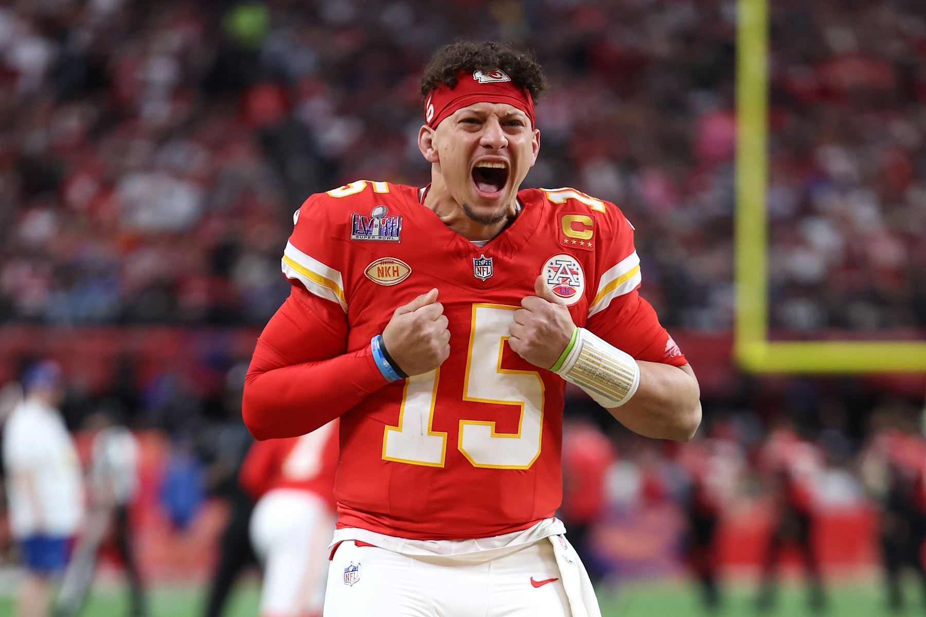 LAS VEGAS, NEVADA - FEBRUARY 11: Patrick Mahomes #15 of the Kansas City Chiefs reacts prior to Super Bowl LVIII against the San Francisco 49ers at Allegiant Stadium on February 11, 2024 in Las Vegas, Nevada. (Photo by Jamie Squire/Getty Images)