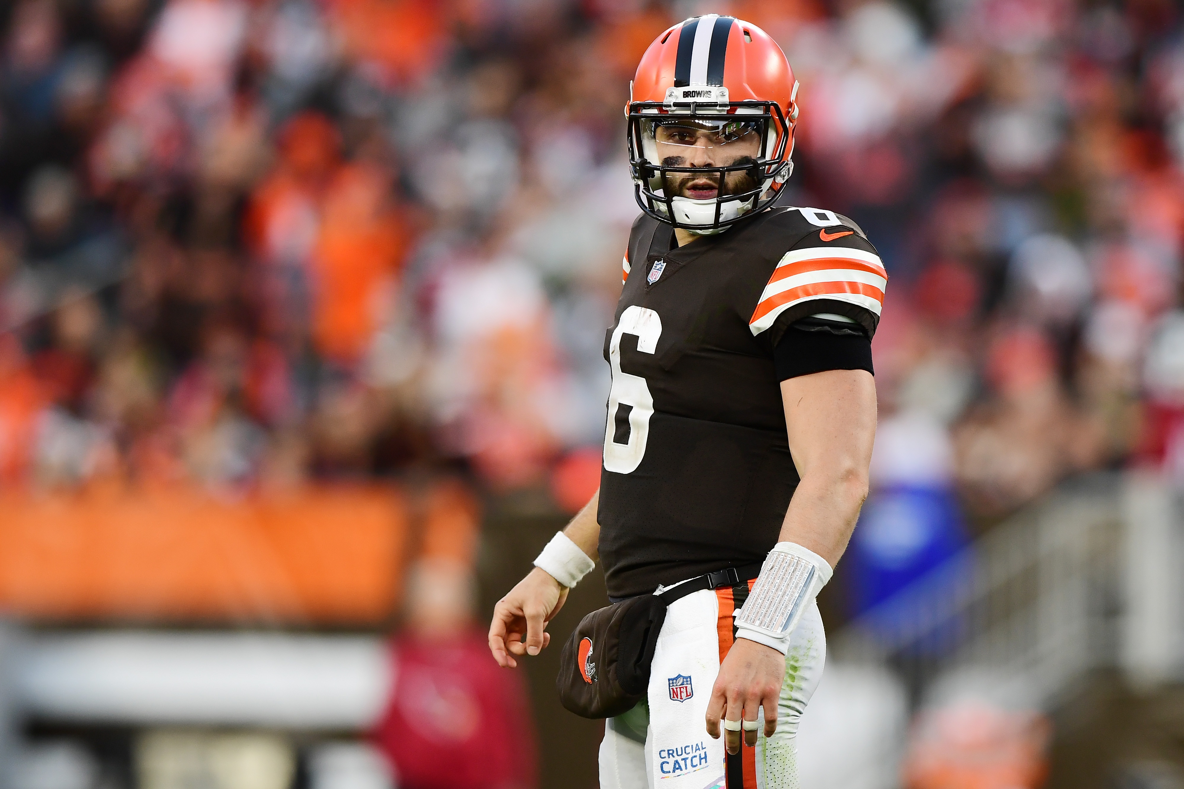 CLEVELAND, OHIO - OCTOBER 17: Baker Mayfield #6 of the Cleveland Browns looks on during a game against the Arizona Cardinals at FirstEnergy Stadium on October 17, 2021 in Cleveland, Ohio. (Photo by Emilee Chinn/Getty Images)