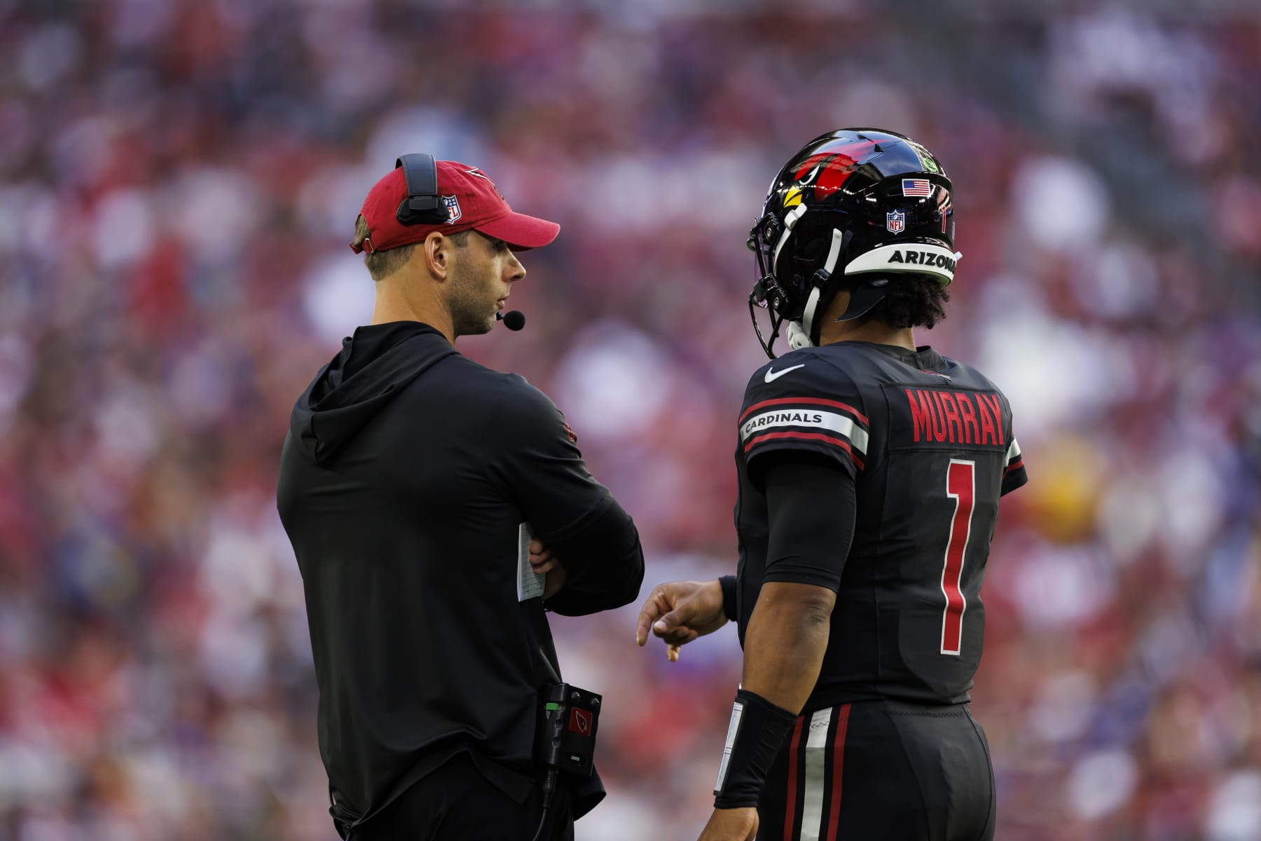 GLENDALE, ARIZONA - NOVEMBER 26: Kyler Murray #1 of the Arizona Cardinals and Jonathan Gannon of the Arizona Cardinals on the sideline during an NFL football game against the Los Angeles Rams at State Farm Stadium on November 26, 2023 in Glendale, Arizona. (Photo by Ryan Kang/Getty Images)