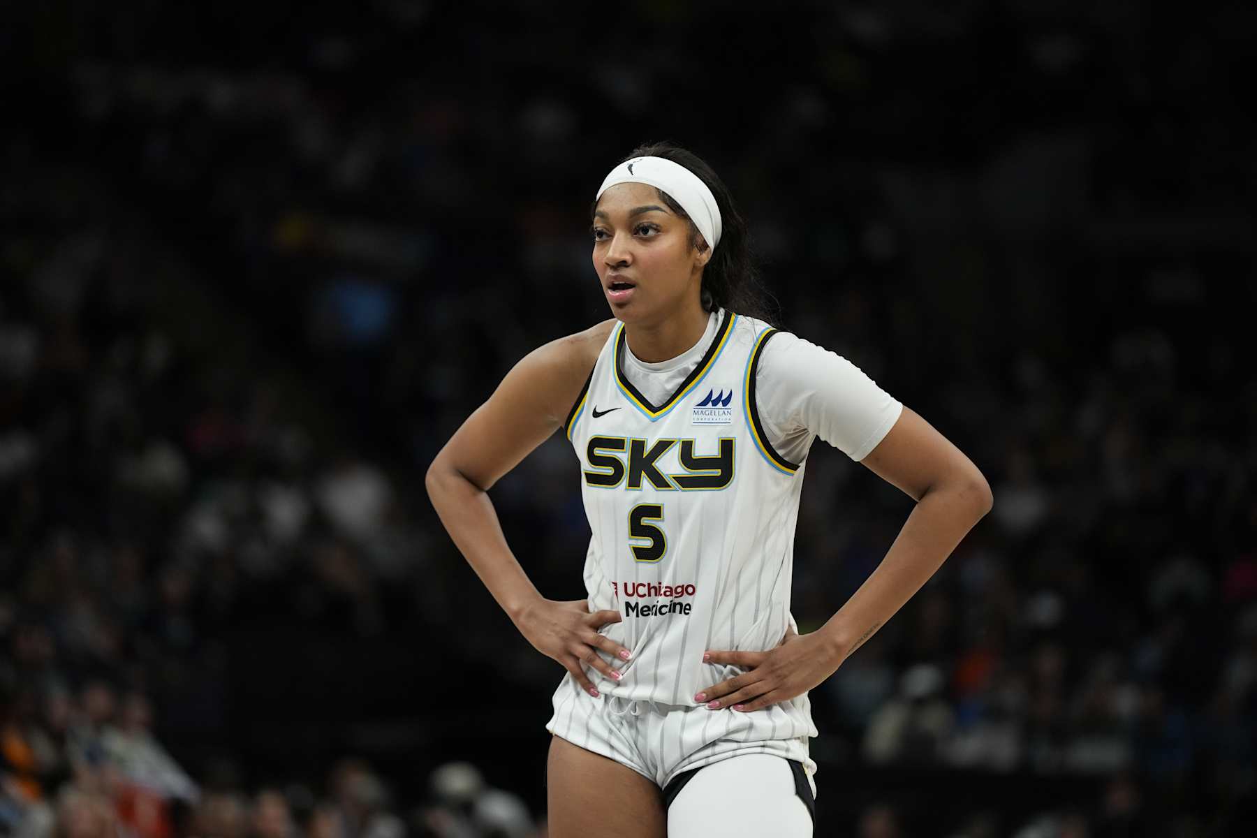 MINNEAPOLIS, MN - SEPTEMBER 1: Angel Reese #5 of the Chicago Sky looks on during the game against the Minnesota Lynx on September 1, 2024 at Target Center in Minneapolis, Minnesota. NOTE TO USER: User expressly acknowledges and agrees that, by downloading and or using this Photograph, user is consenting to the terms and conditions of the Getty Images License Agreement. Mandatory Copyright Notice: Copyright 2024 NBAE (Photo by Jordan Johnson/NBAE via Getty Images)