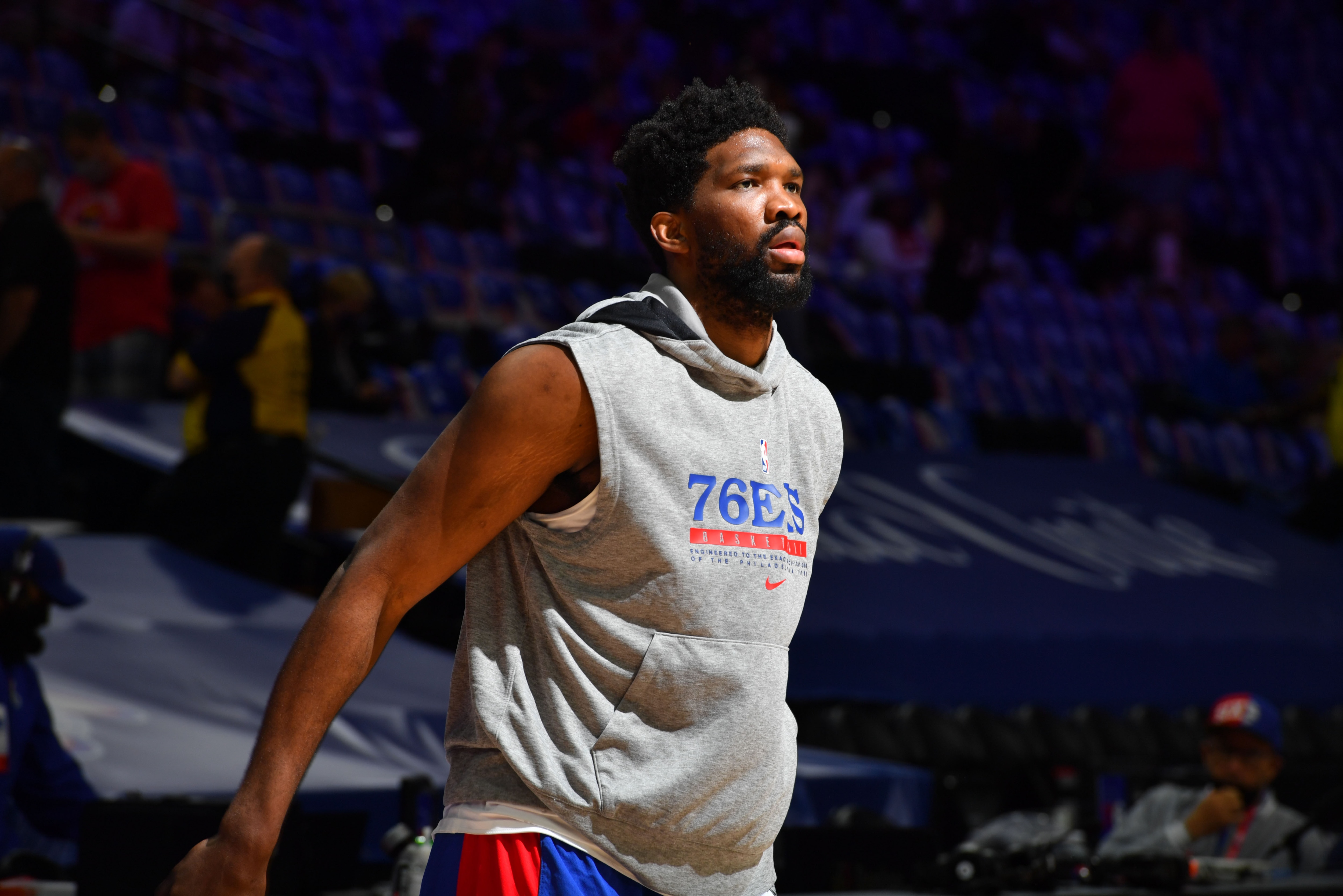 PHILADELPHIA, PA - JUNE 8: Joel Embiid #21 of the Philadelphia 76ers warms up prior to a game against the Atlanta Hawks during Round 2, Game 2 of the Eastern Conference Playoffs on June 8, 2021 at Wells Fargo Center in Philadelphia, Pennsylvania. NOTE TO USER: User expressly acknowledges and agrees that, by downloading and/or using this Photograph, user is consenting to the terms and conditions of the Getty Images License Agreement. Mandatory Copyright Notice: Copyright 2021 NBAE (Photo by Jesse D. Garrabrant/NBAE via Getty Images)