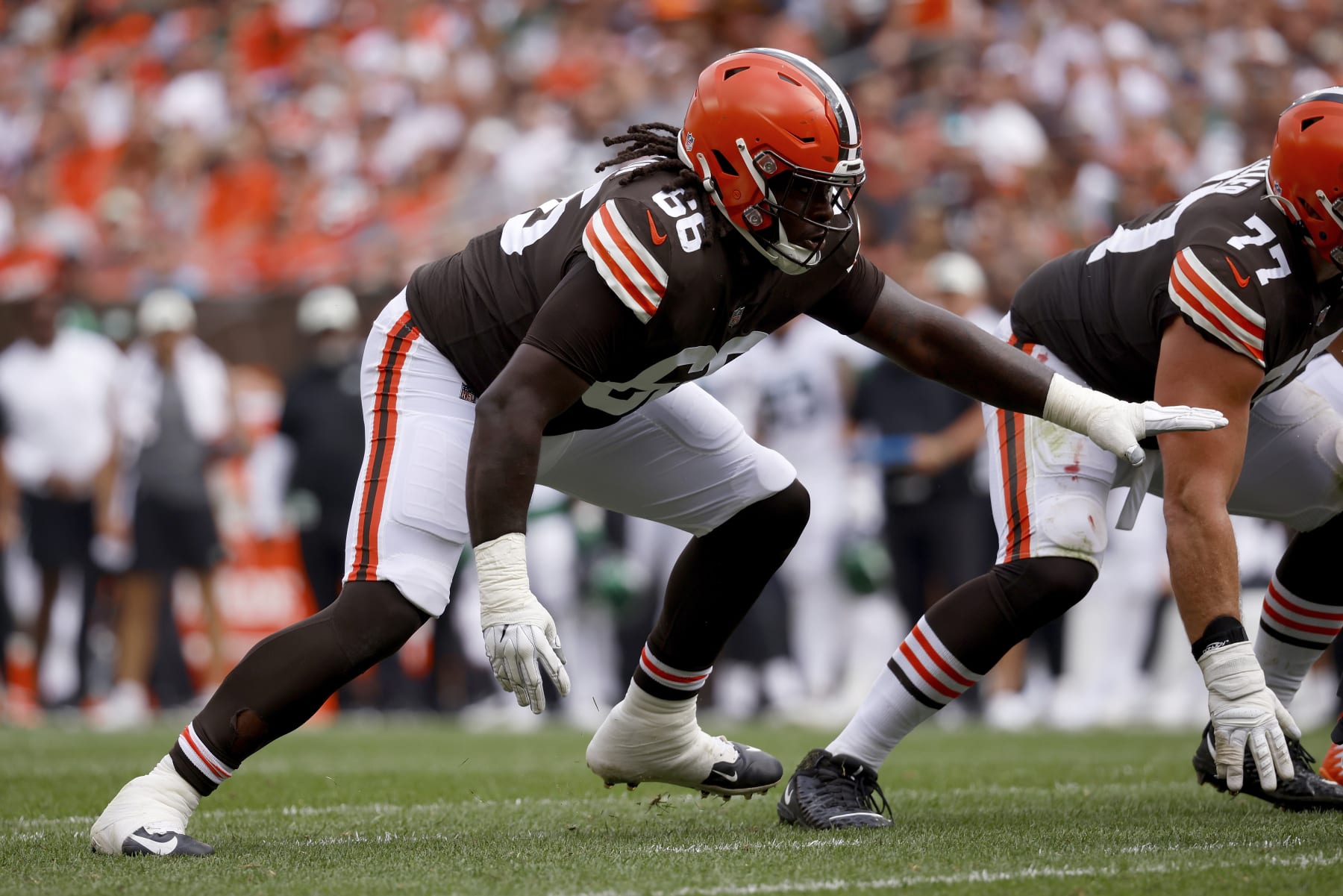 Cleveland Browns offensive tackle James Hudson III (66) looks to make a block during an NFL football game against the New York Jets, Sunday, Sept. 18, 2022, in Cleveland. (AP Photo/Kirk Irwin)