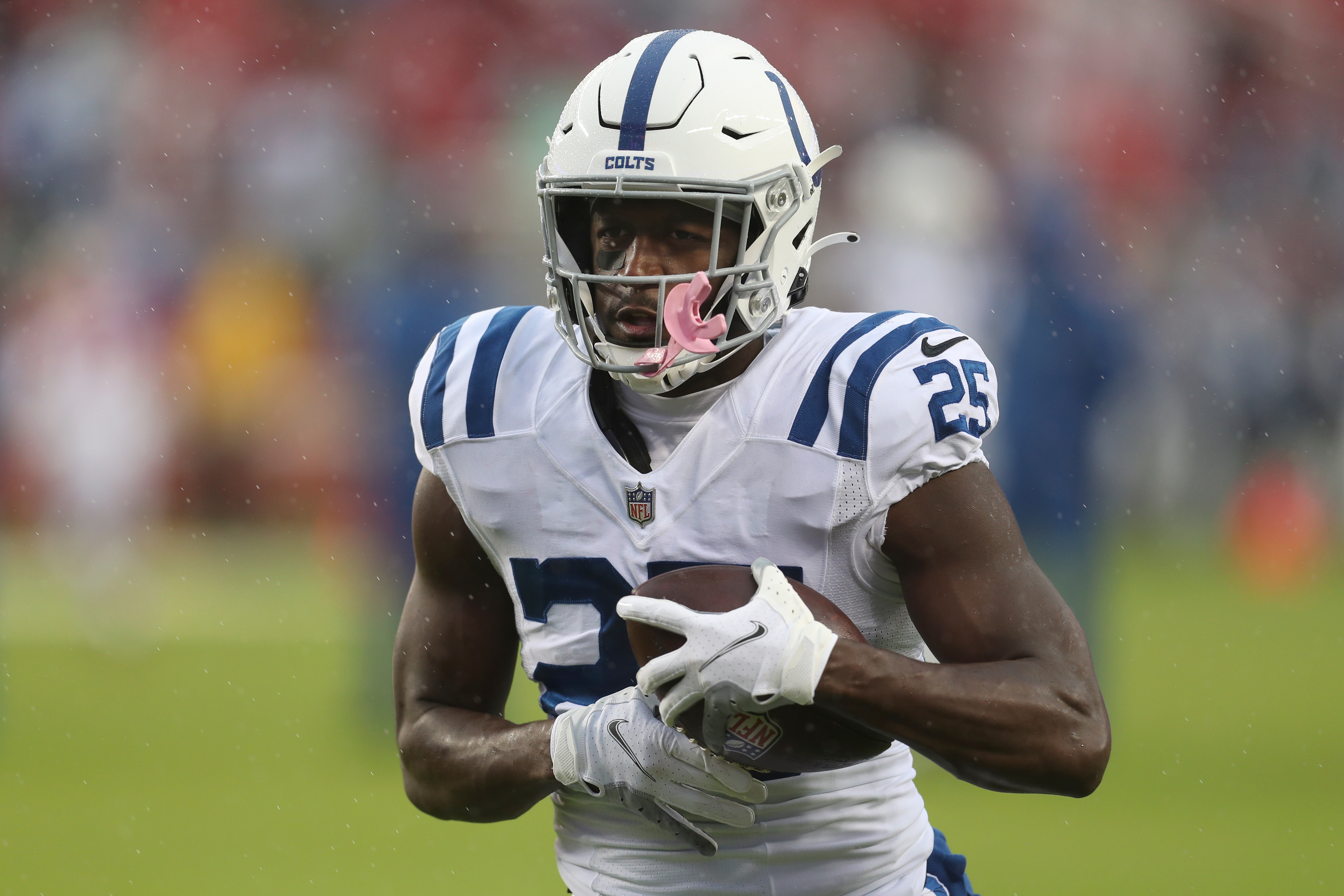 Indianapolis Colts running back Marlon Mack (25) before an NFL football game against the San Francisco 49ers in Santa Clara, Calif., Sunday, Oct. 24, 2021. (AP Photo/Jed Jacobsohn)