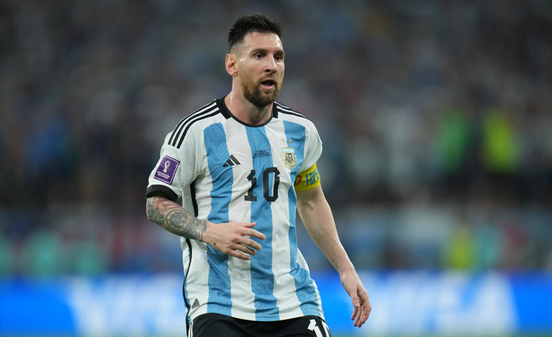 DOHA, QATAR - DECEMBER 03: Argentina's Lionel Messi during the FIFA World Cup Qatar 2022 Round of 16 match between Argentina and Australia at Ahmad Bin Ali Stadium on December 3, 2022 in Doha, Qatar. (Photo by Marc Atkins/Getty Images)