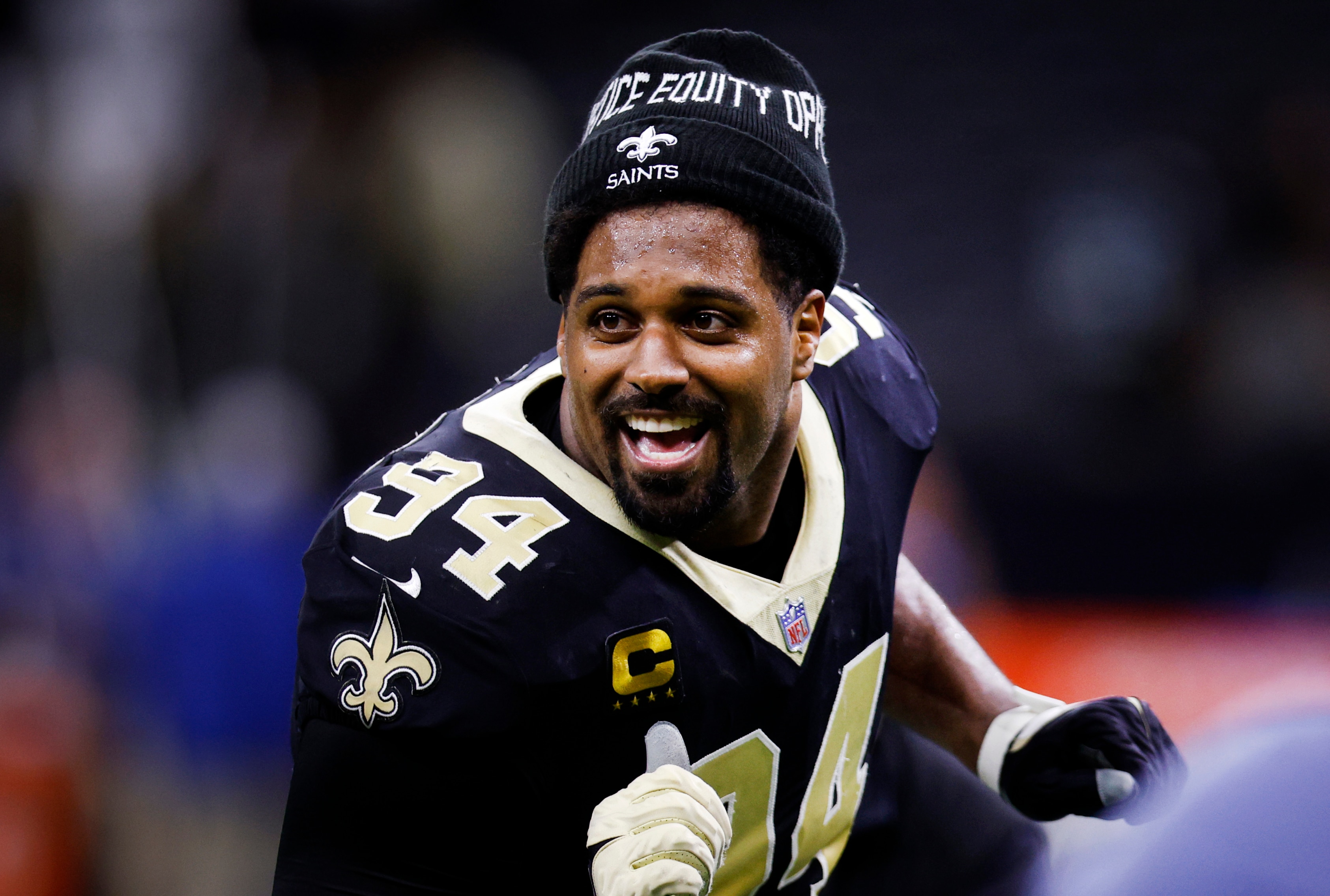 NEW ORLEANS, LOUISIANA - JANUARY 02: Cameron Jordan #94 of the New Orleans Saints celebrates after defeating the Carolina Panthers 18-10 at Caesars Superdome on January 02, 2022 in New Orleans, Louisiana. (Photo by Chris Graythen/Getty Images)