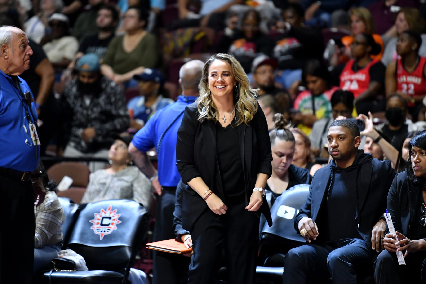 UNCASVILLE, CT - SEPTEMBER 15: Head Coach Becky Hammon of the Las Vegas Aces looks on before Game 3 of the 2022 WNBA Finals against the Connecticut Sun on September 15, 2022 at Mohegan Sun Arena in Uncasville, Connecticut.  NOTE TO USER: User expressly acknowledges and agrees that, by downloading and/or using this Photograph, user is consenting to the terms and conditions of the Getty Images License Agreement. Mandatory Copyright Notice: Copyright 2022 NBAE (Photo by Catalina Fragoso/NBAE via Getty Images)