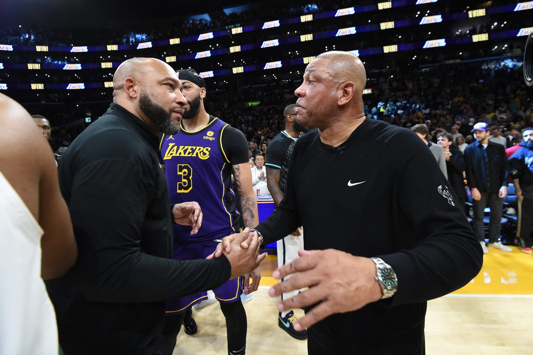 LOS ANGELES, CA - MARCH 8: Head Coach Doc Rivers of the Milwaukee Bucks and Head Coach Darvin Ham of the Los Angeles Lakers embrace after the game on March 8, 2024 at Crypto.Com Arena in Los Angeles, California. NOTE TO USER: User expressly acknowledges and agrees that, by downloading and/or using this Photograph, user is consenting to the terms and conditions of the Getty Images License Agreement. Mandatory Copyright Notice: Copyright 2024 NBAE (Photo by Andrew D. Bernstein/NBAE via Getty Images) LOS ANGELES, CA - MARCH 8: Head Coach Doc Rivers of the Milwaukee Bucks and Head Coach Darvin Ham of the Los Angeles Lakers embrace after the game on March 8, 2024 at Crypto.Com Arena in Los Angeles, California. NOTE TO USER: User expressly acknowledges and agrees that, by downloading and/or using this Photograph, user is consenting to the terms and conditions of the Getty Images License Agreement. Mandatory Copyright Notice: Copyright 2024 NBAE (Photo by Andrew D. Bernstein/NBAE via Getty Images)