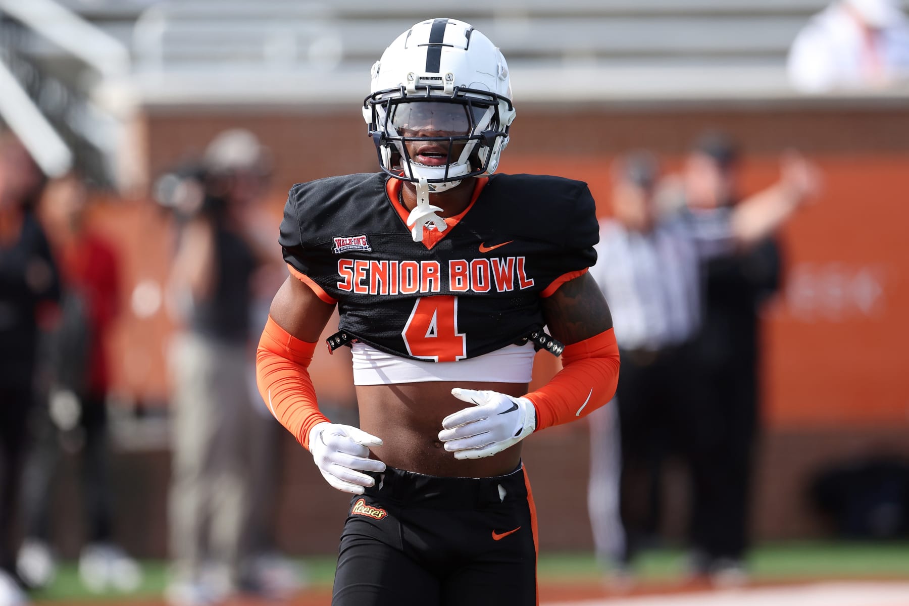 MOBILE, AL - FEBRUARY 01: National defensive back Kalen King of Penn State (4) during the National team practice for the Reese's Senior Bowl on February 31, 2024 at Hancock Whitney Stadium in Mobile, Alabama.  (Photo by Michael Wade/Icon Sportswire via Getty Images)