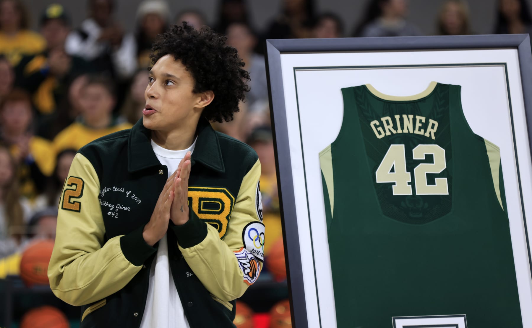 WACO, TX - FEBRUARY 18: Former Baylor Bears player Brittney Griner reacts as her jersey is retired before the game between the Baylor Bears and the Texas Tech Red Raiders at Foster Pavilion on February 18, 2024 in Waco, Texas. (Photo by Ron Jenkins/Getty Images)